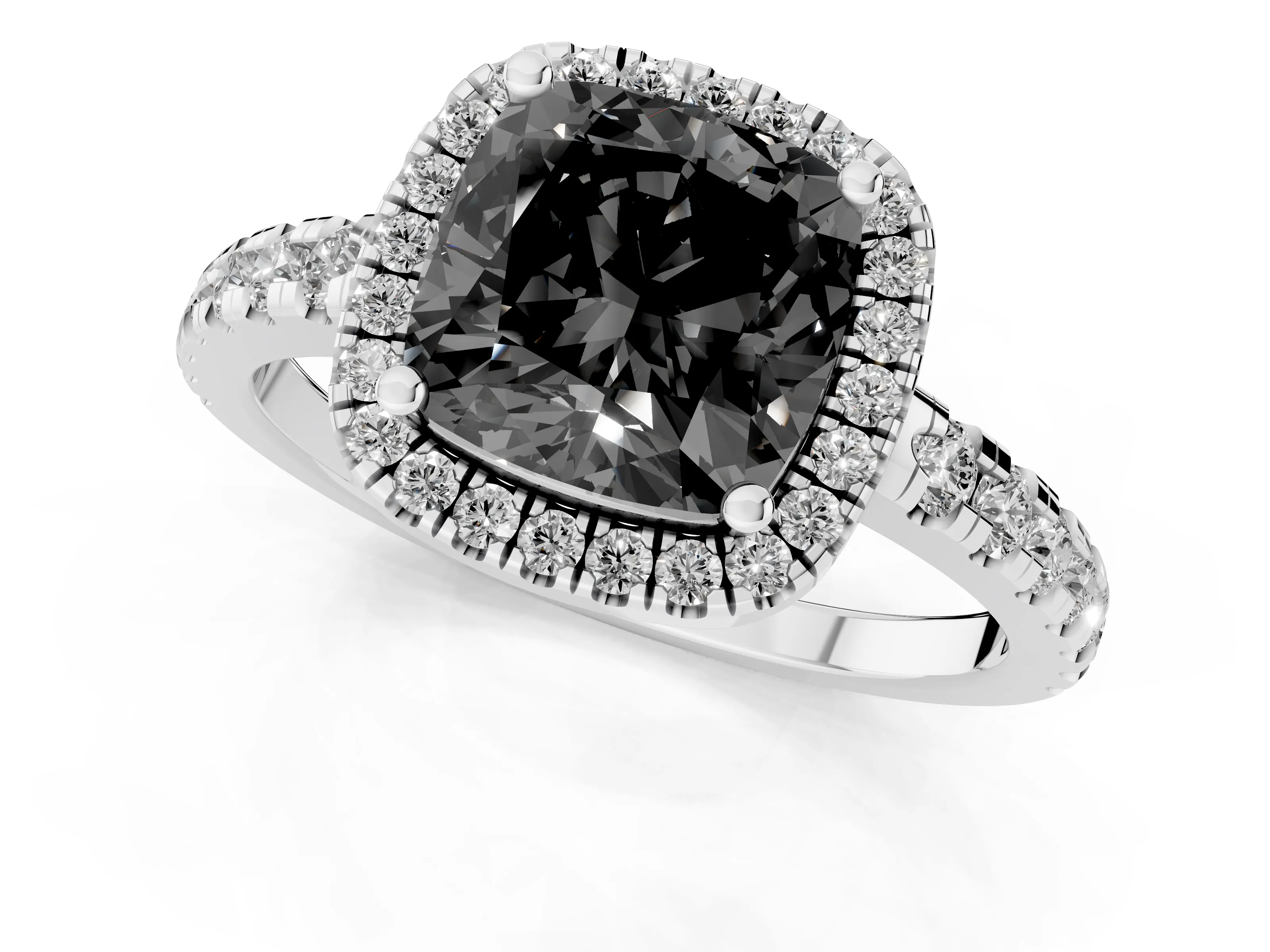 Fancy Black Cushion Cut Diamond Halo Ring Set in Silver with Delicate Pavé Band and Prong Setting