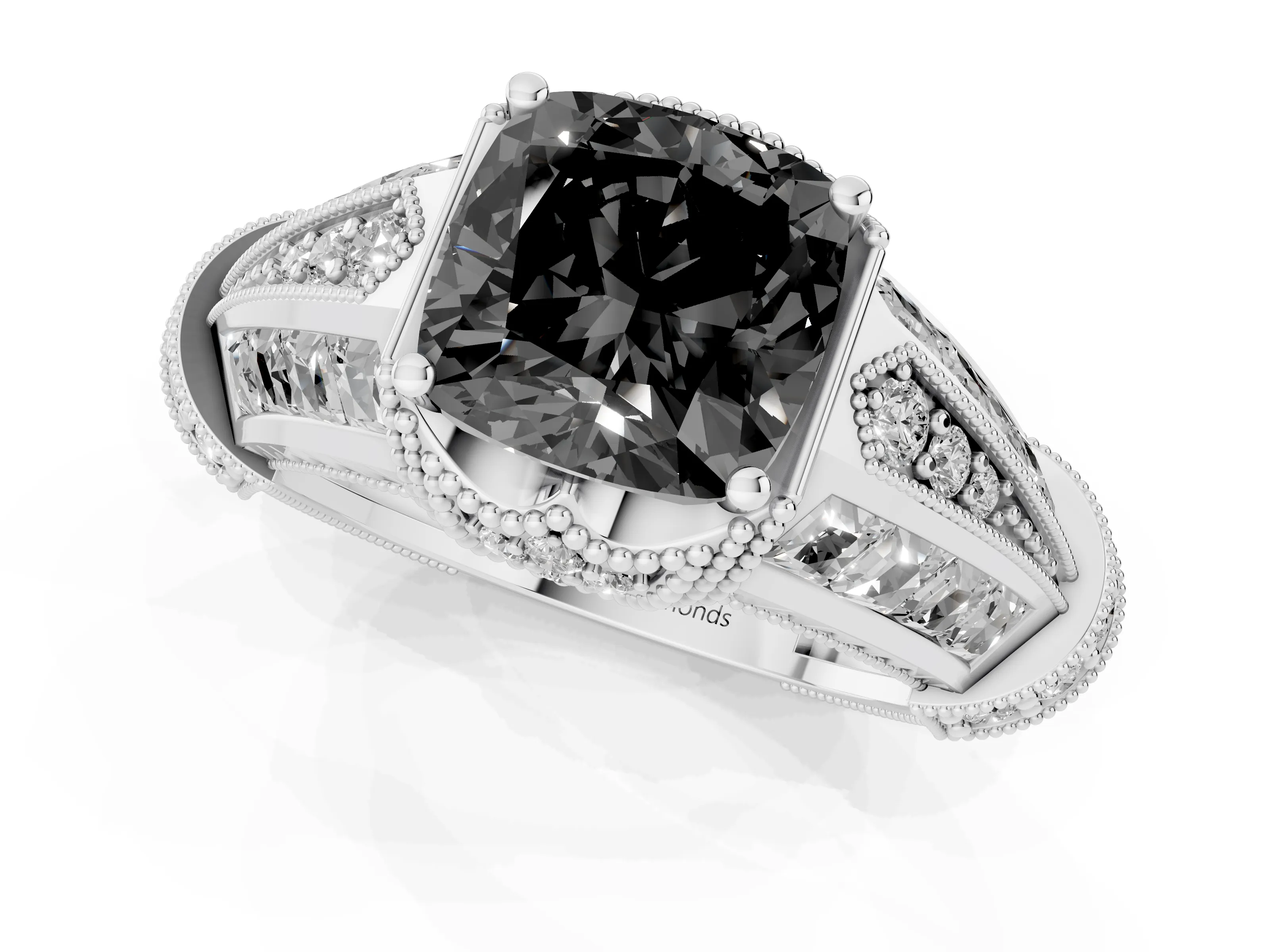 Fancy Black Cushion Cut Diamond Vintage-Inspired Milgrain Ring Set in Silver with Accent Split Shank