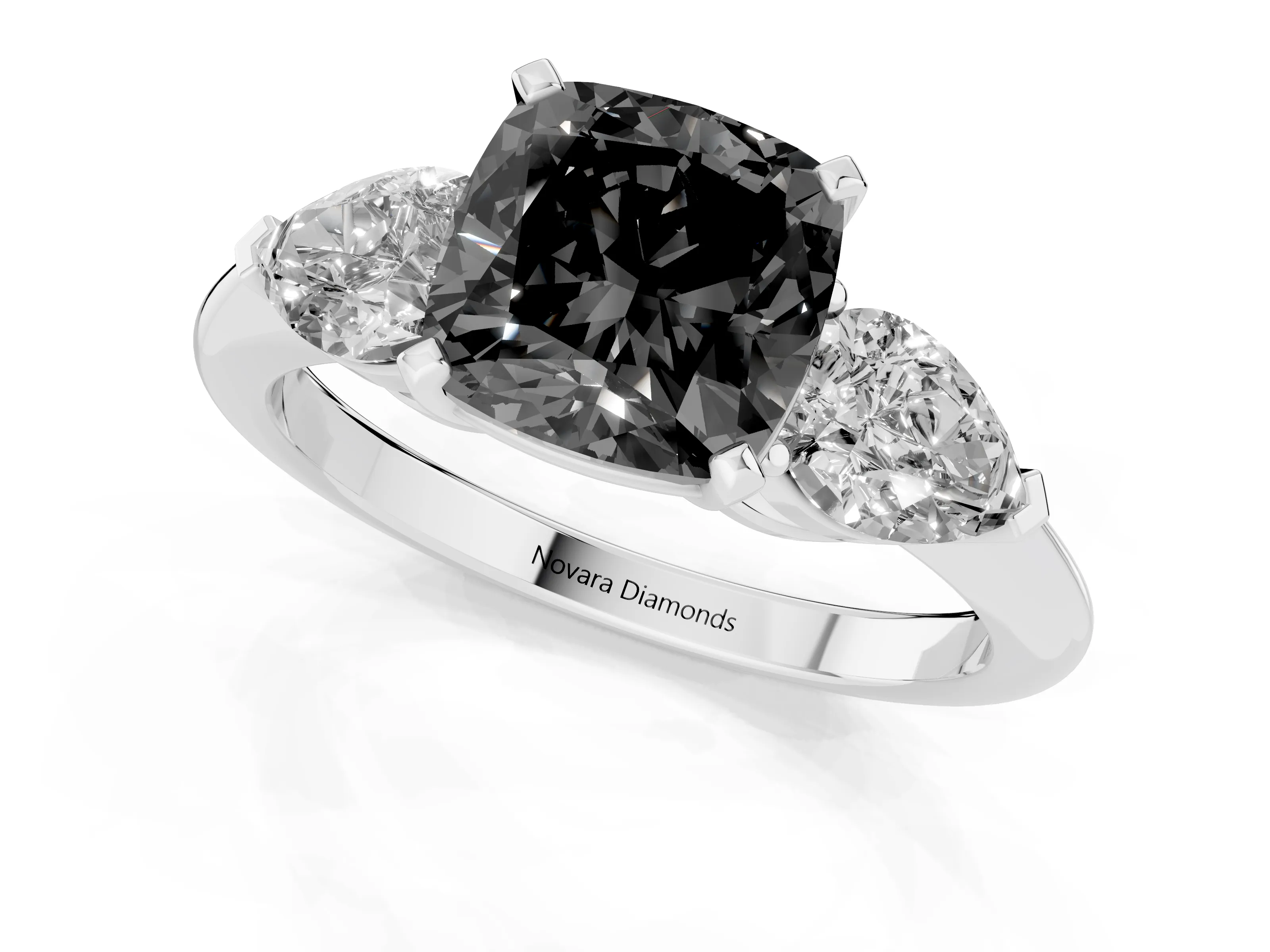 Fancy Black Three-Stone Cushion Cut Diamond Ring Set in Silver with Pear Side Stones and Prong Setting