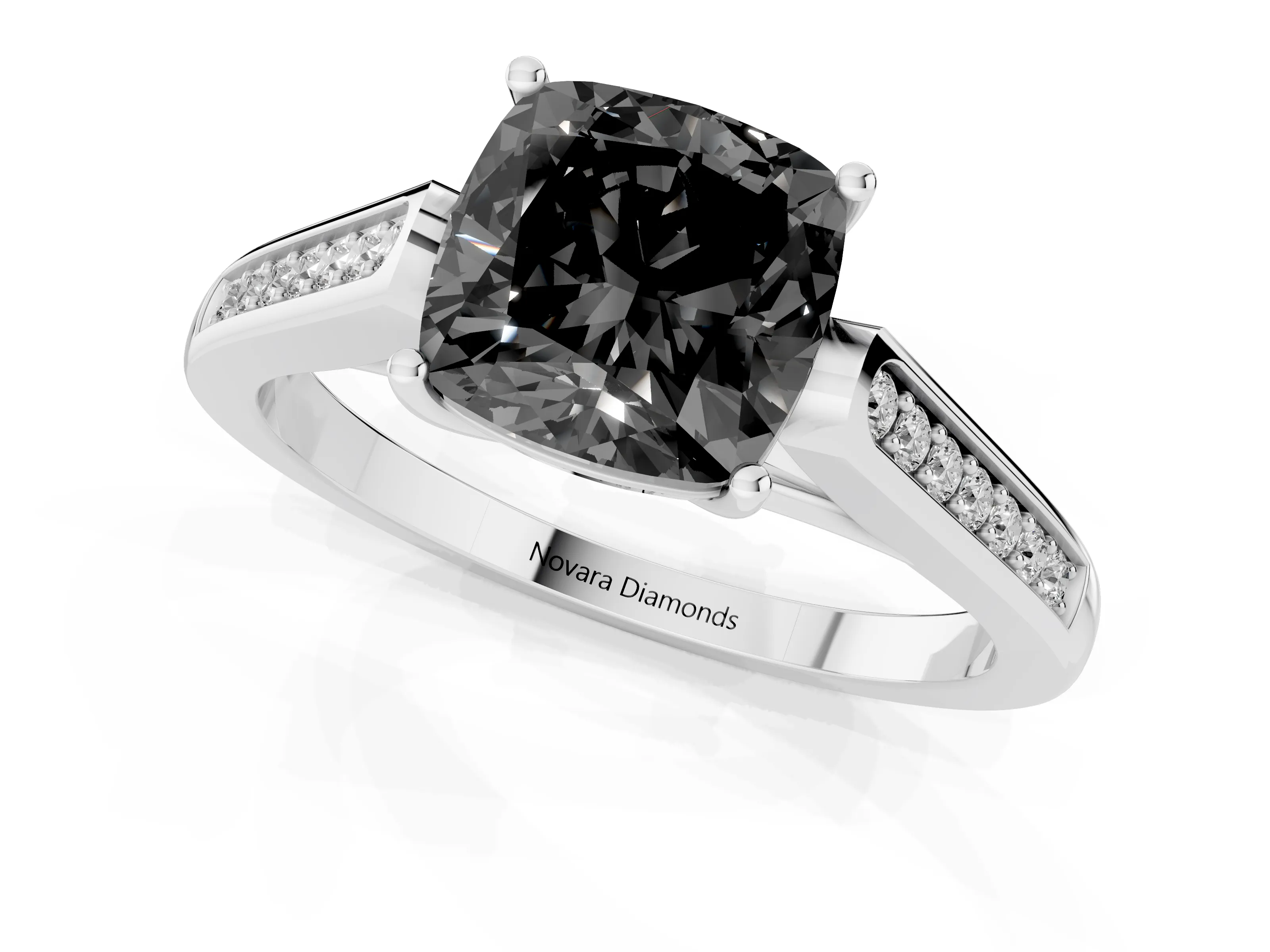 Fancy Black Cushion Cut Diamond Solitaire Cathedral Engagement Ring Set in White gold with Channel-Set Band and Prong Setting