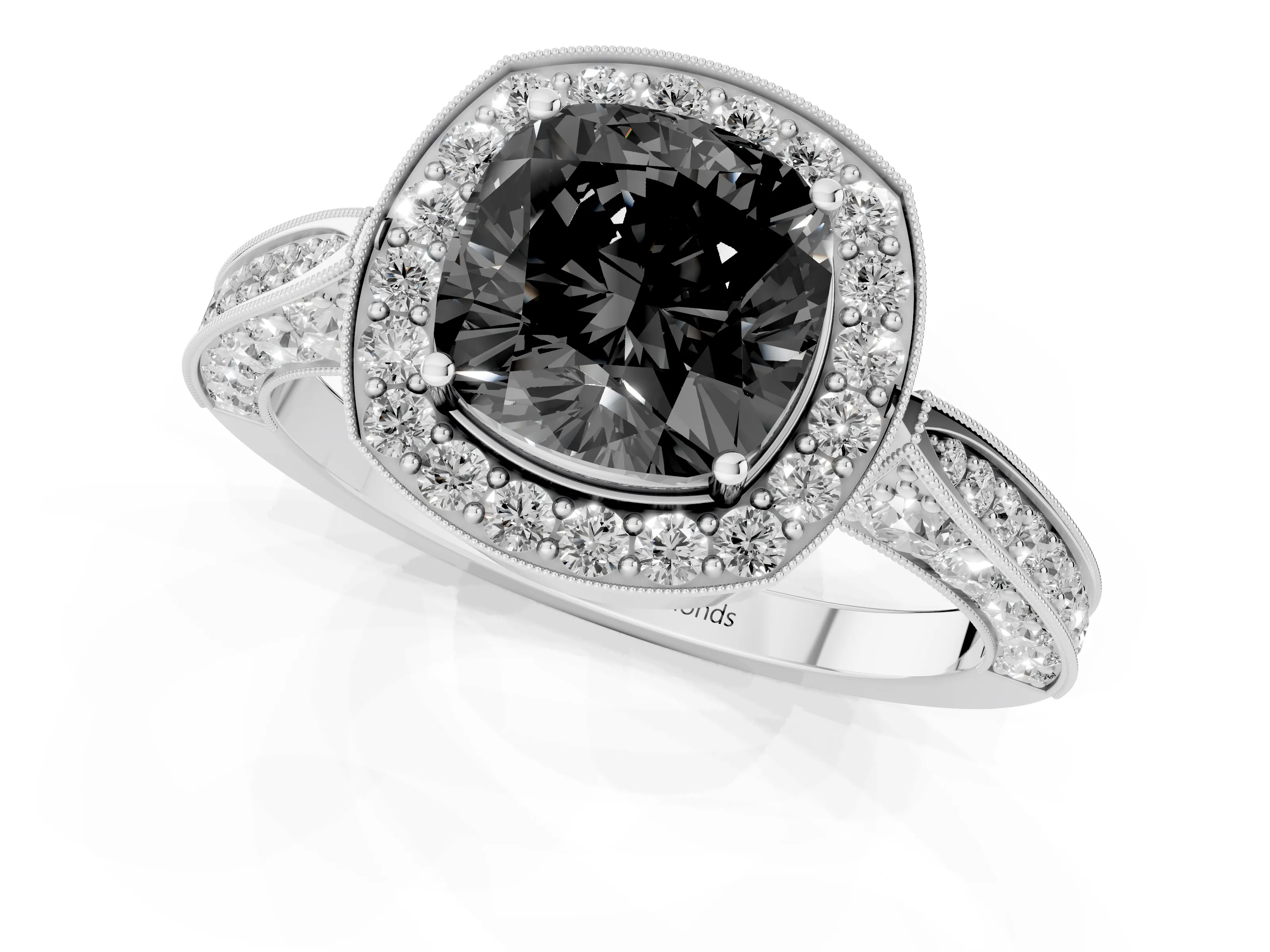 Fancy Black Cushion Cut Diamond Halo Engagement Ring Set in White gold with Accent Split Shank Band