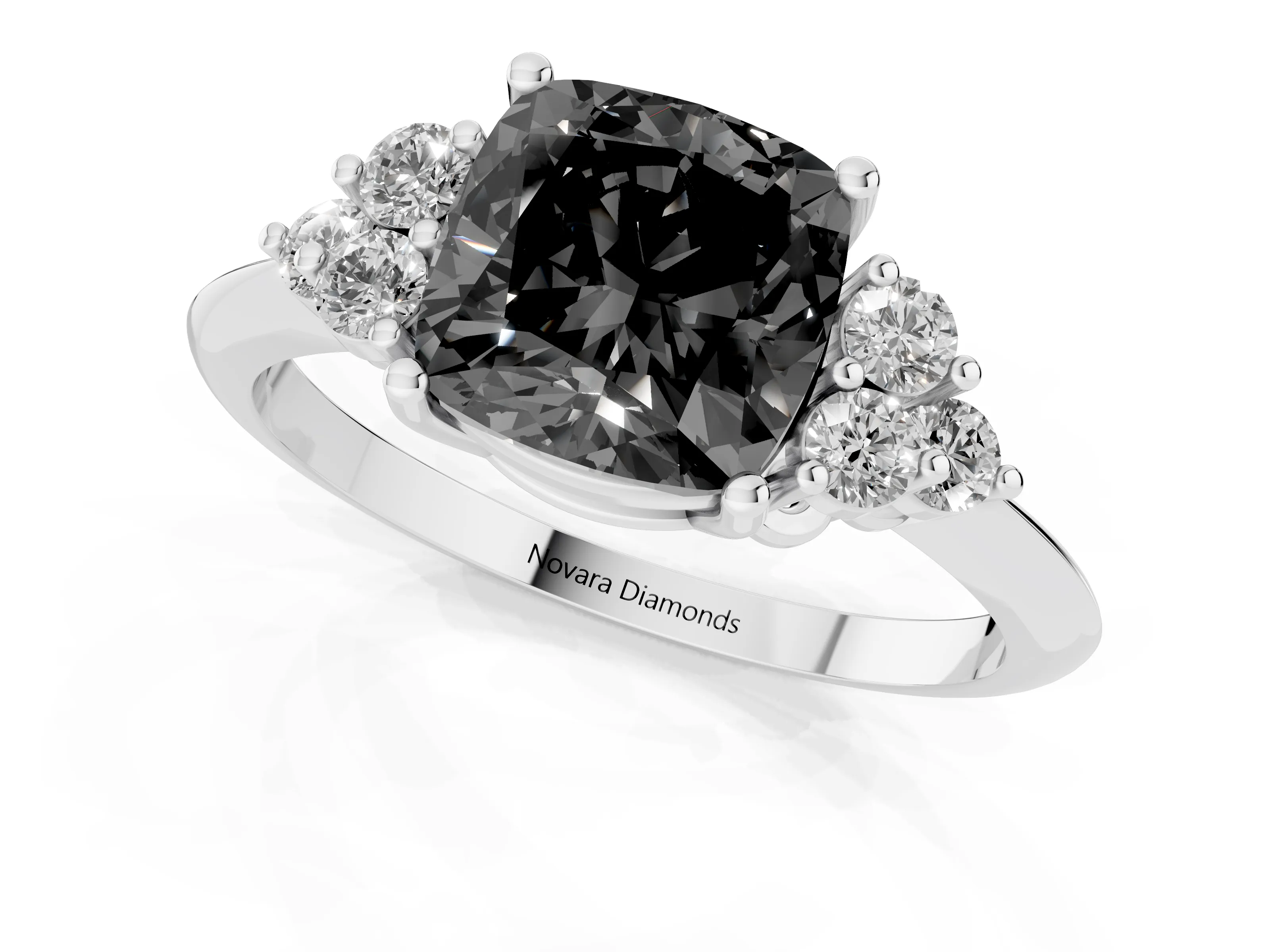 Fancy Black Cushion Cut Diamond Cluster Ring Set in White gold with Plain Band and Prong Setting