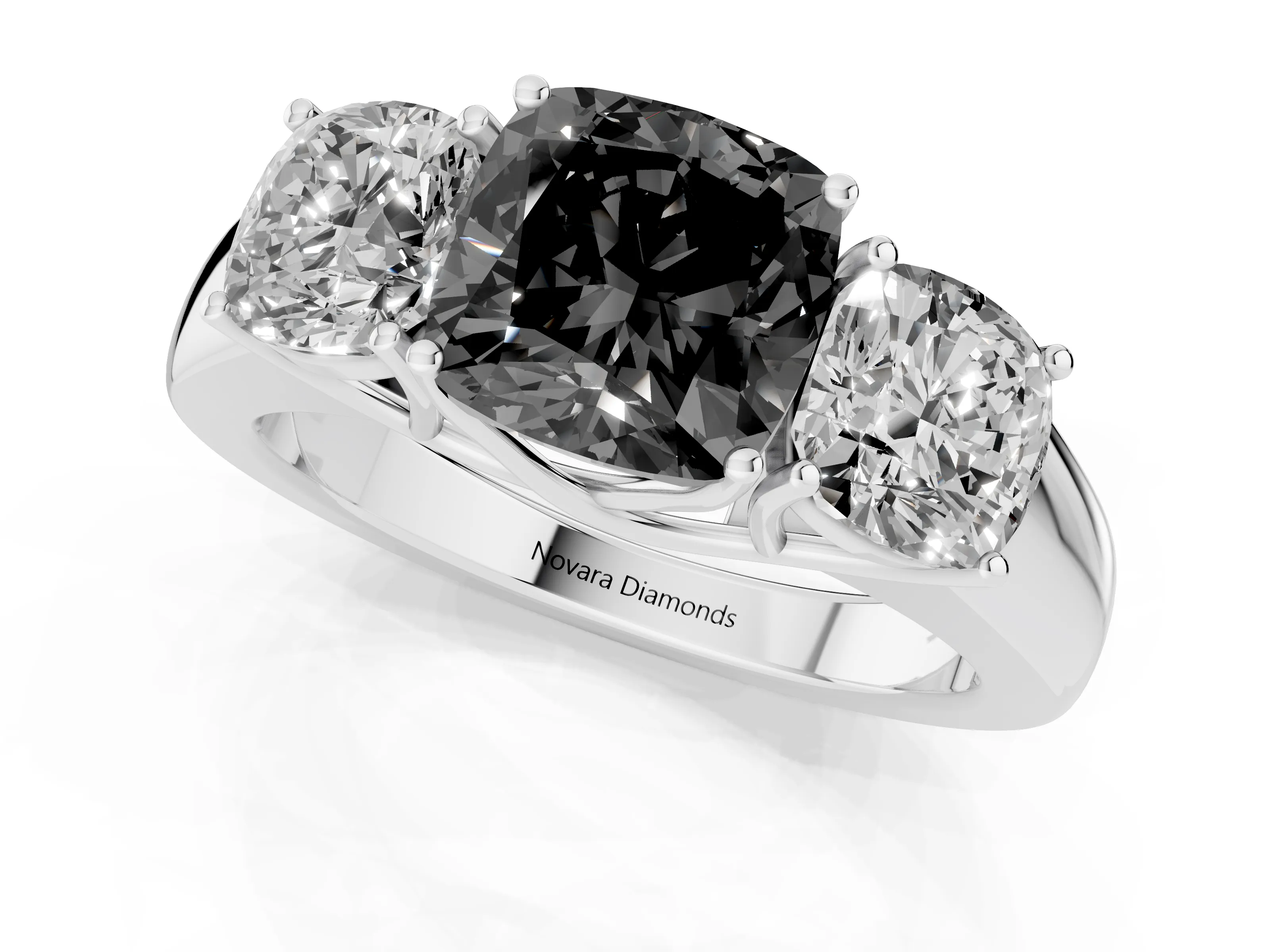 Fancy Black Three-Stone Cushion Cut Diamond Ring Set in Silver with Matching Prong Settings and Plain Band