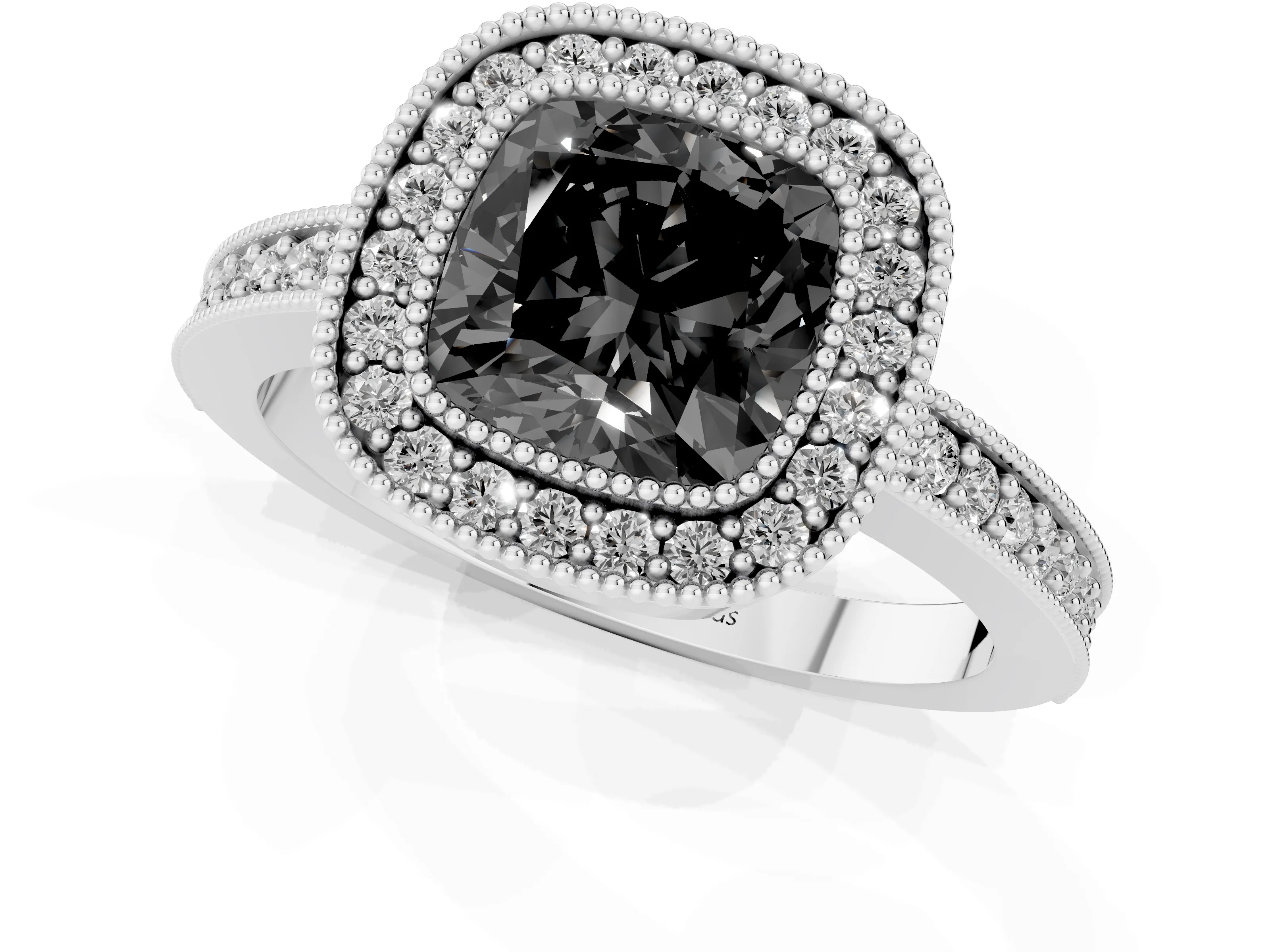 Fancy Black Cushion Cut Diamond Halo Engagement Ring Set in Platinum with Pavé Band and Round Halo Stones