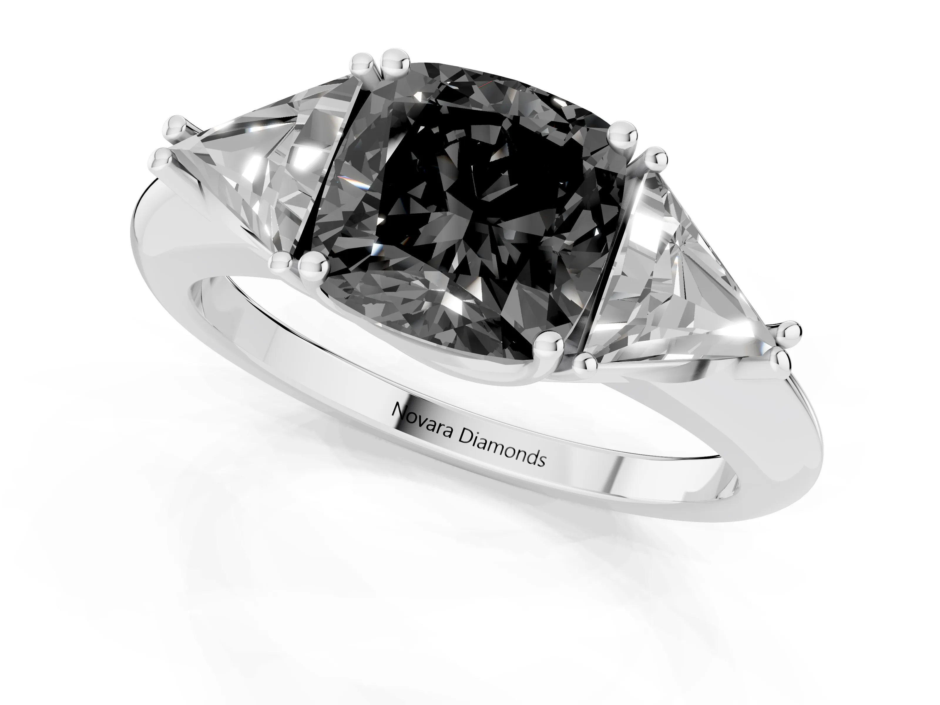 Fancy Black Cushion Cut Diamond Three-Stone Engagement Ring Set in White gold with Trillion Side Stones