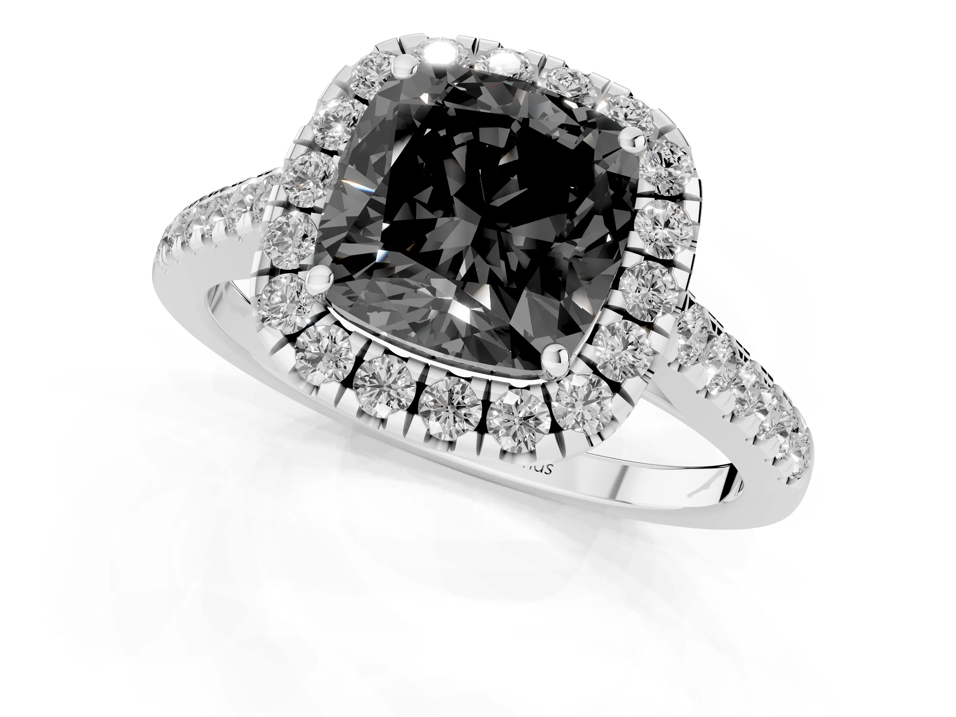 Fancy Black Cushion Cut Diamond Halo Pavé Engagement Ring Set in White gold with Prong Setting