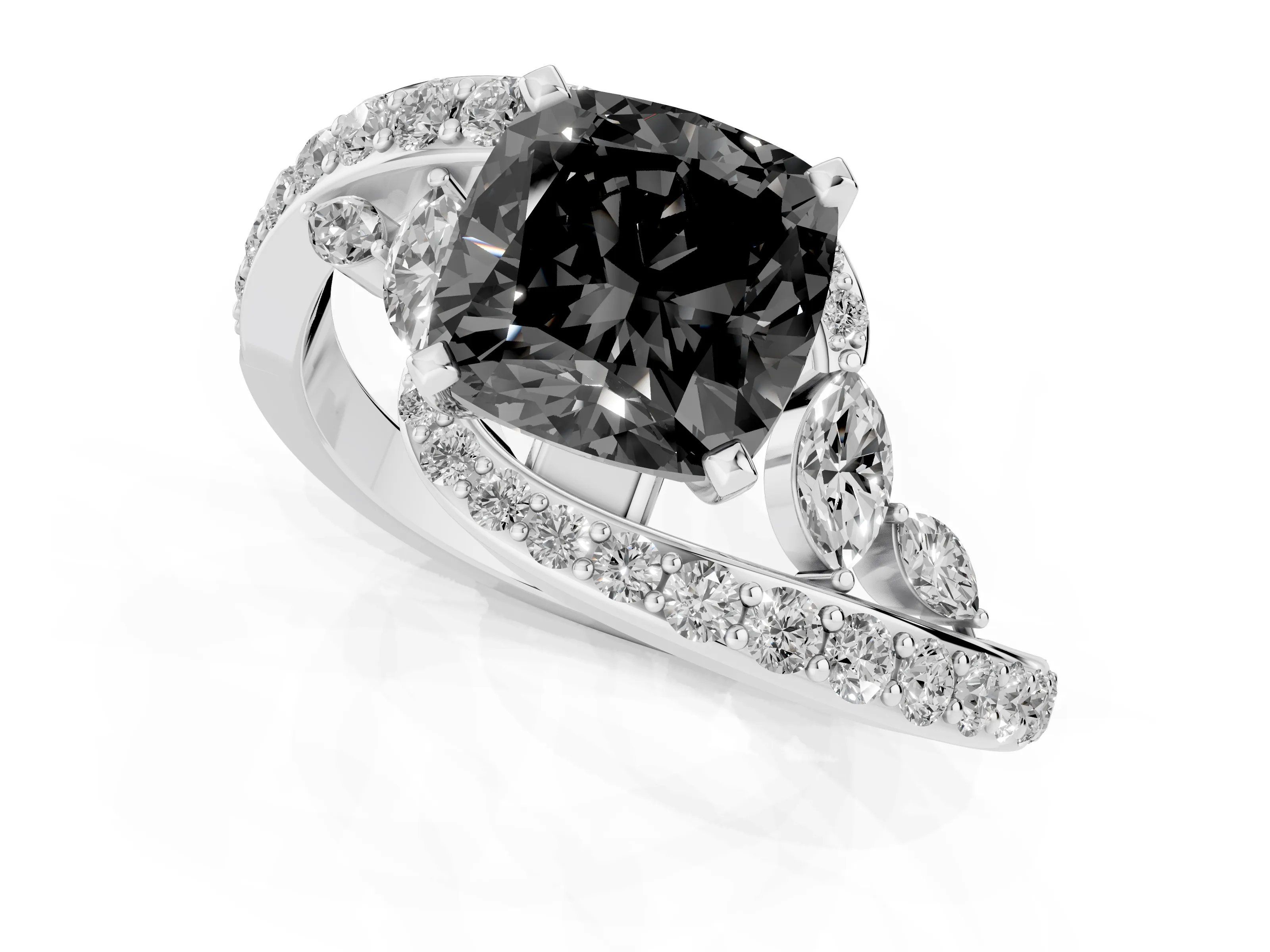 Fancy Black Cushion Cut Diamond Solitaire Ring Set in Silver with Filigree Band and Prong Setting