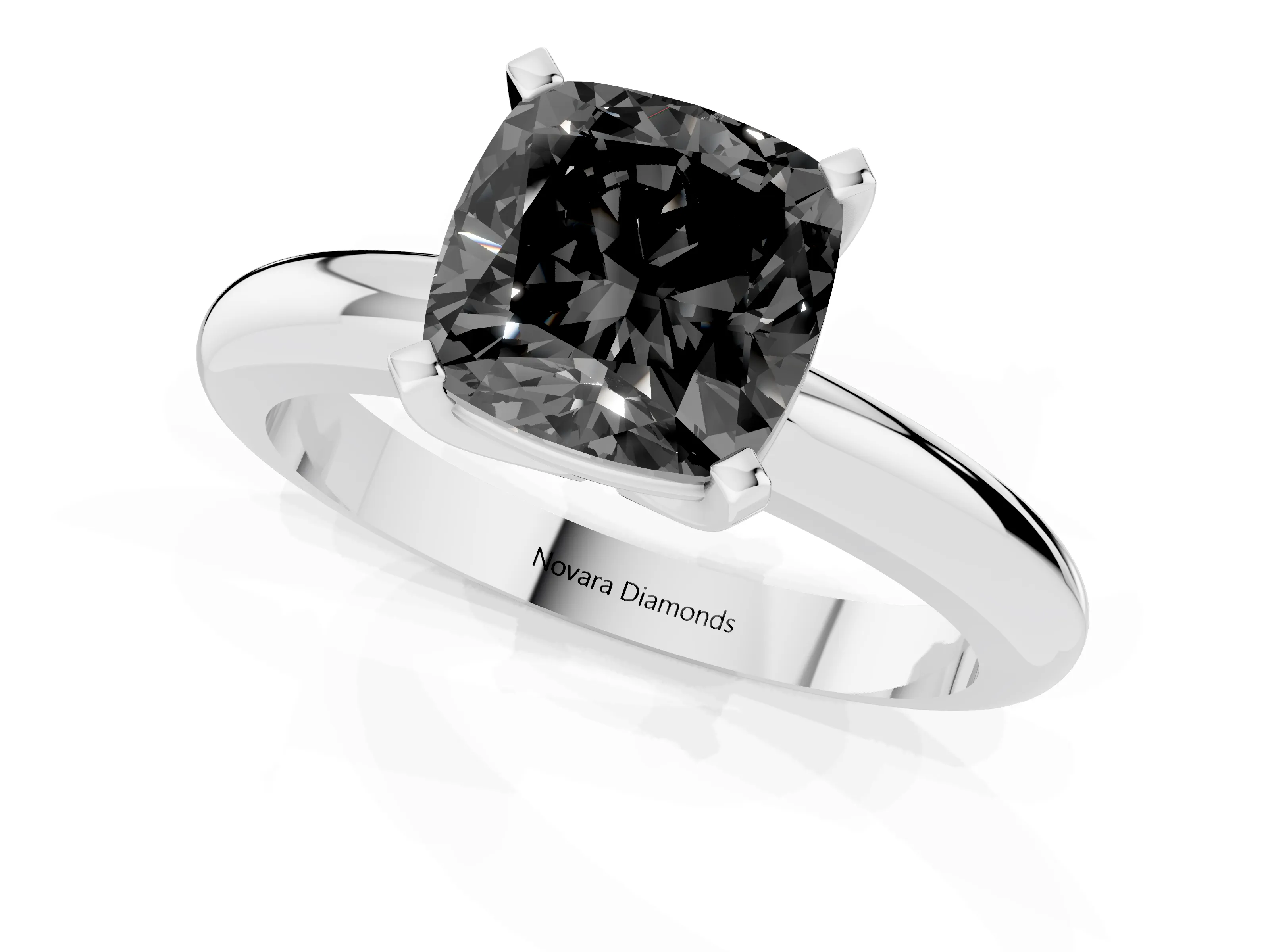 Fancy Black Cushion Cut Diamond Solitaire Engagement Ring Set in White gold with Round Band and Prong Setting