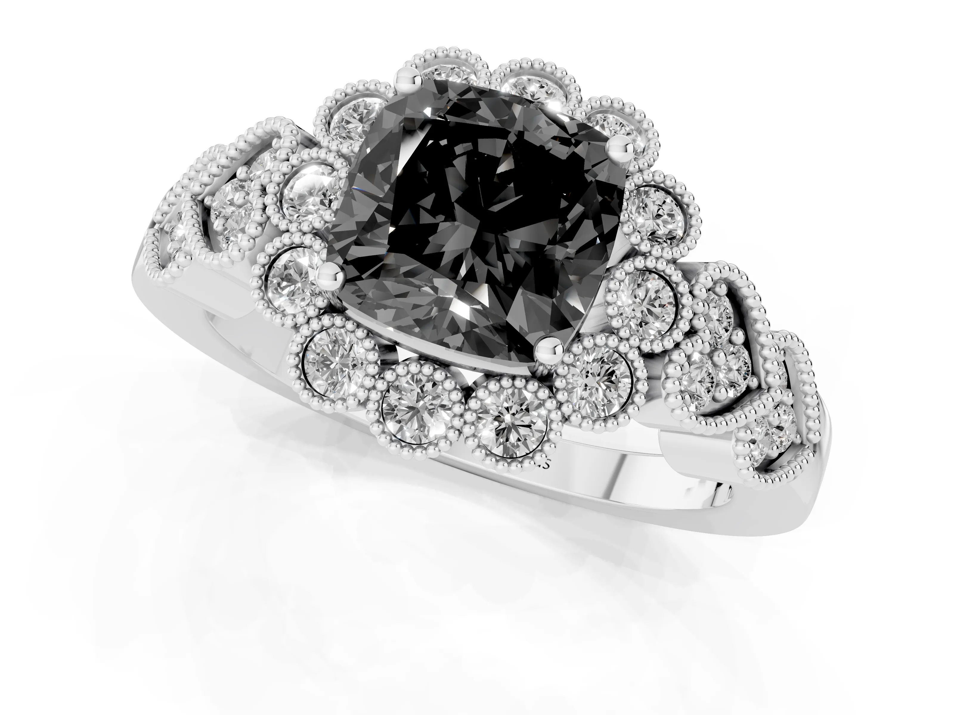 Fancy Black Cushion Cut Diamond Solitaire Ring Set in Platinum with Milgrain Pavé Heart Band