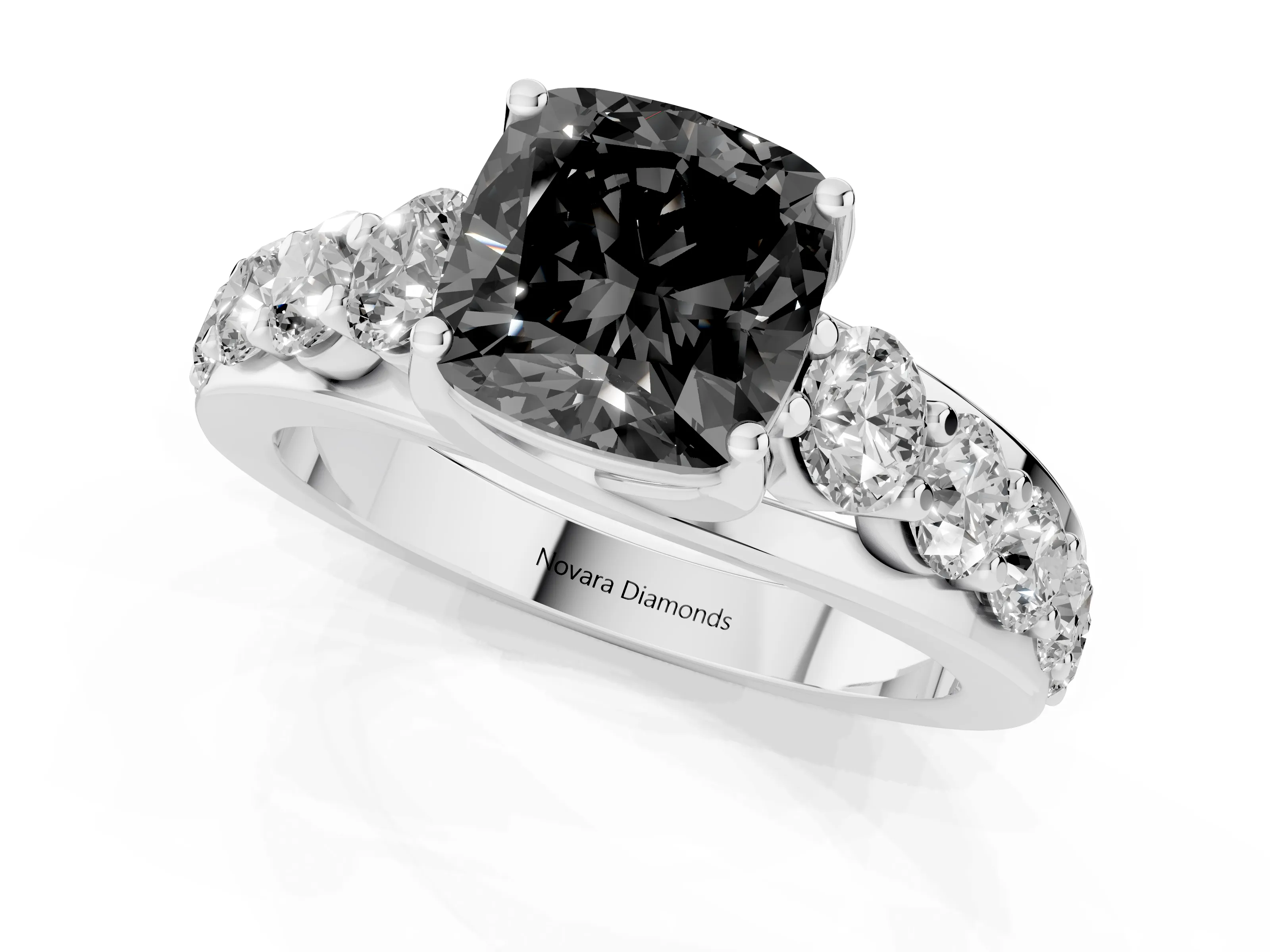 Fancy Black Cushion Cut Diamond Pavé Engagement Ring Set in Platinum with Prong Setting