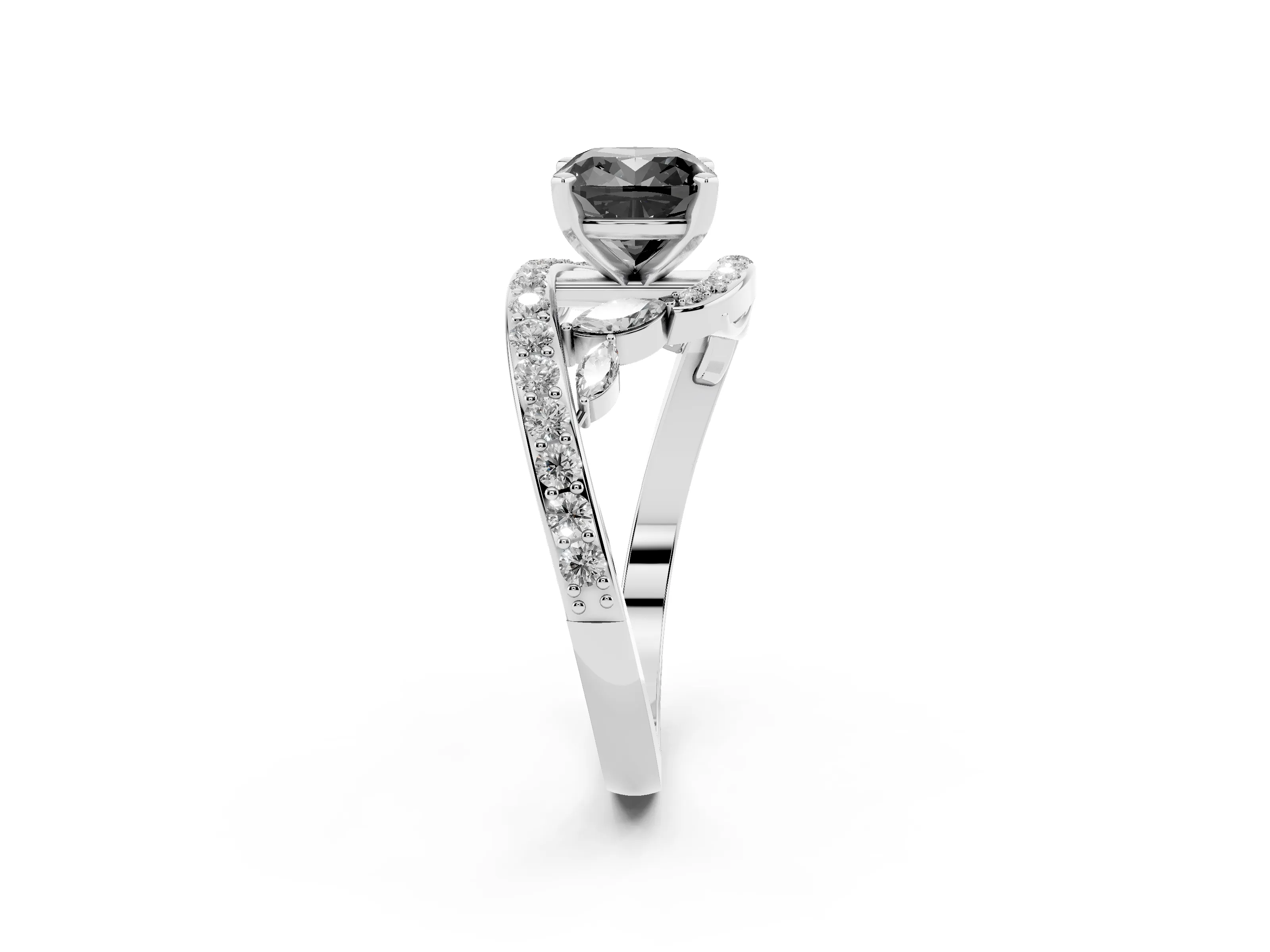 Fancy Black Cushion Cut Diamond Solitaire Ring Set in Silver with Filigree Band and Prong Setting