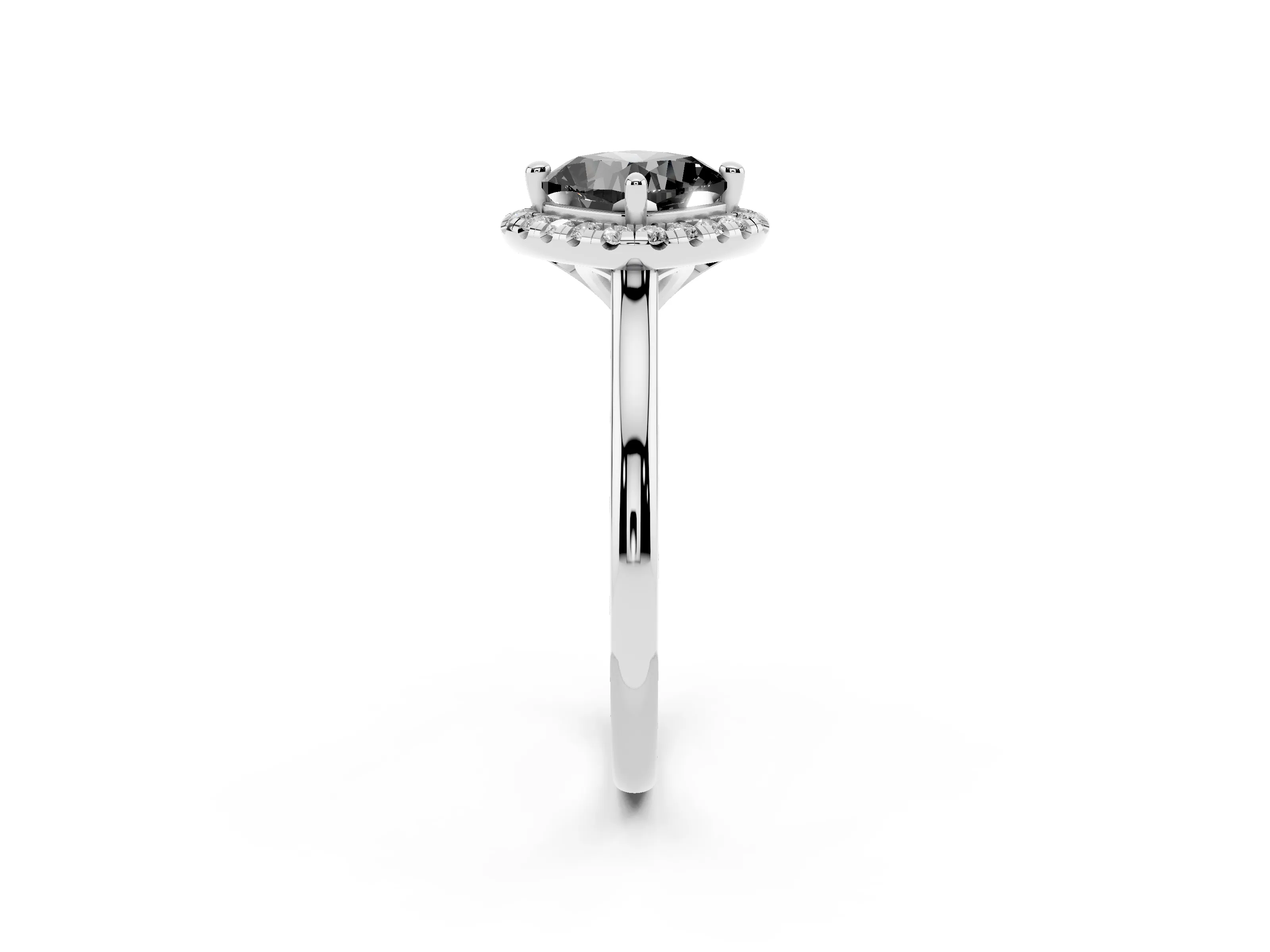 Fancy Black Cushion Cut Diamond Halo Engagement Ring Set in White gold with Pavé Band and Rising Shoulders