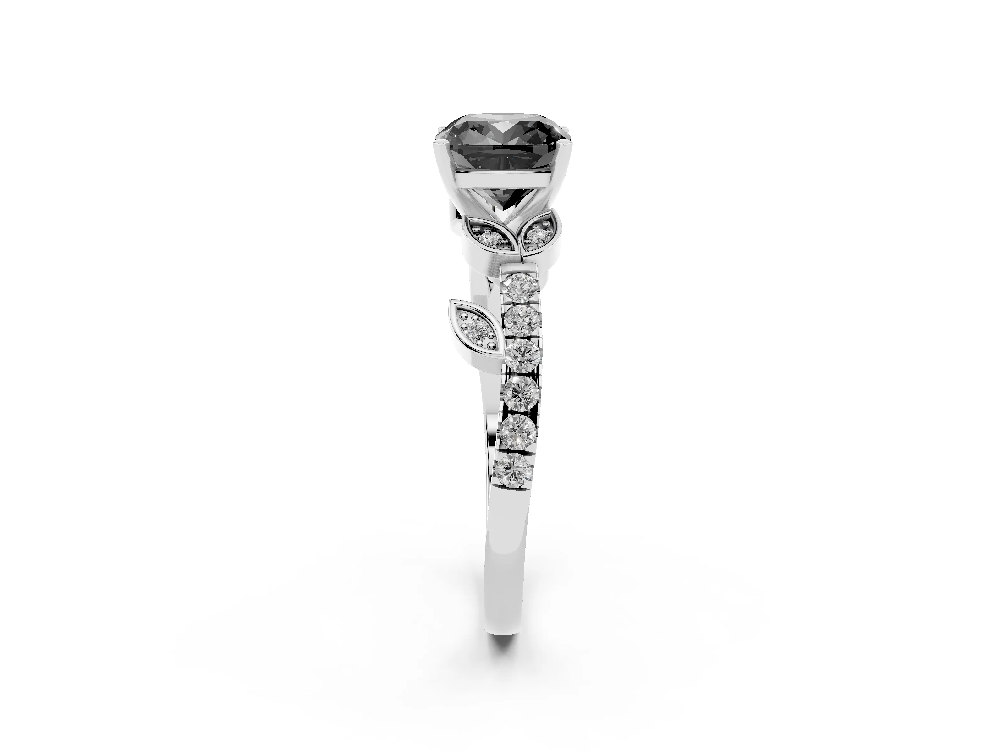 Fancy Black Cushion Cut Diamond Solitaire Leaf-Inspired Ring Set in Platinum with Pavé Band and Prong Setting