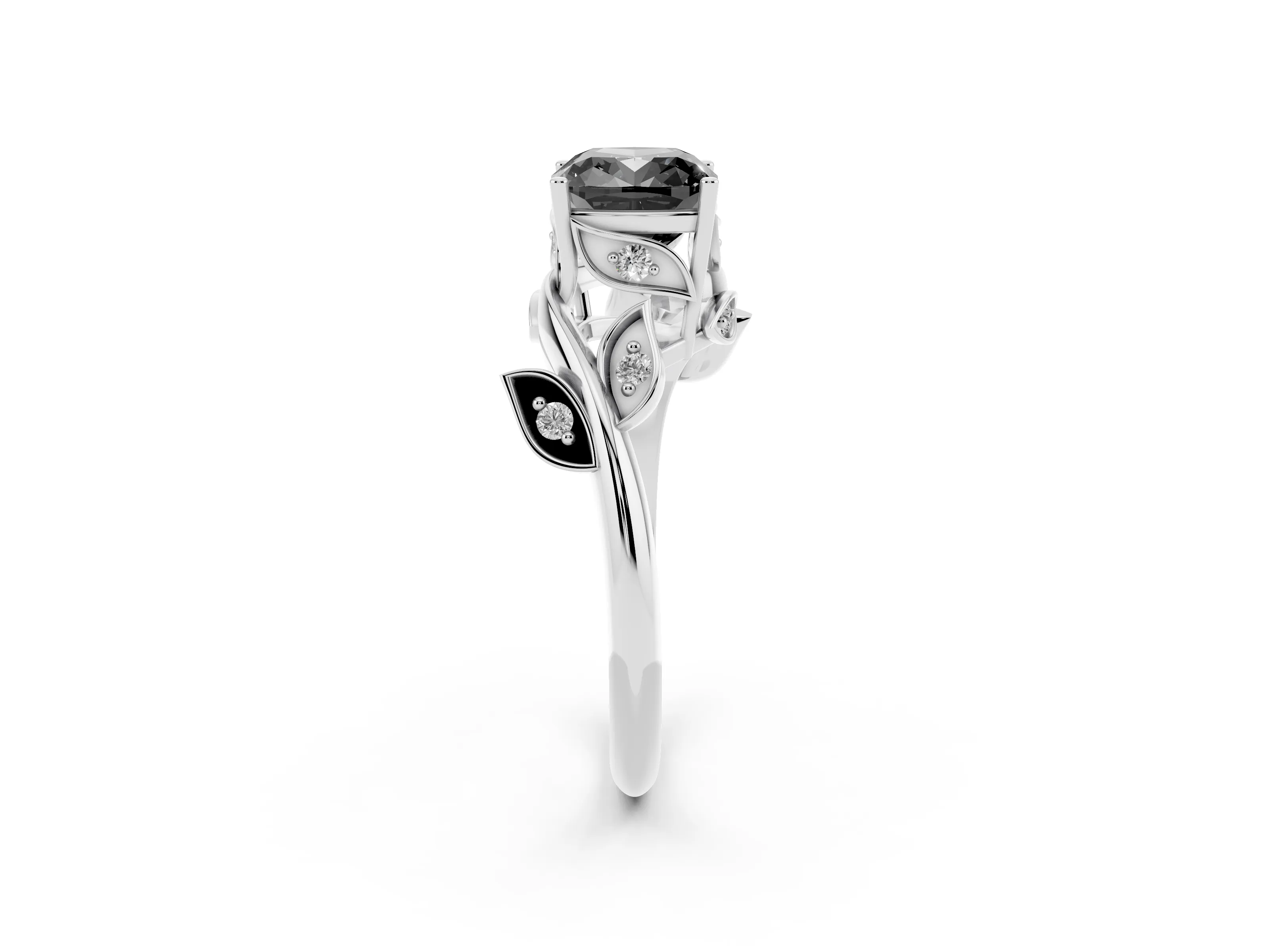 Fancy Black Cushion Cut Diamond Solitaire Twist Engagement Ring Set in Silver with Pavé Leaf Accents