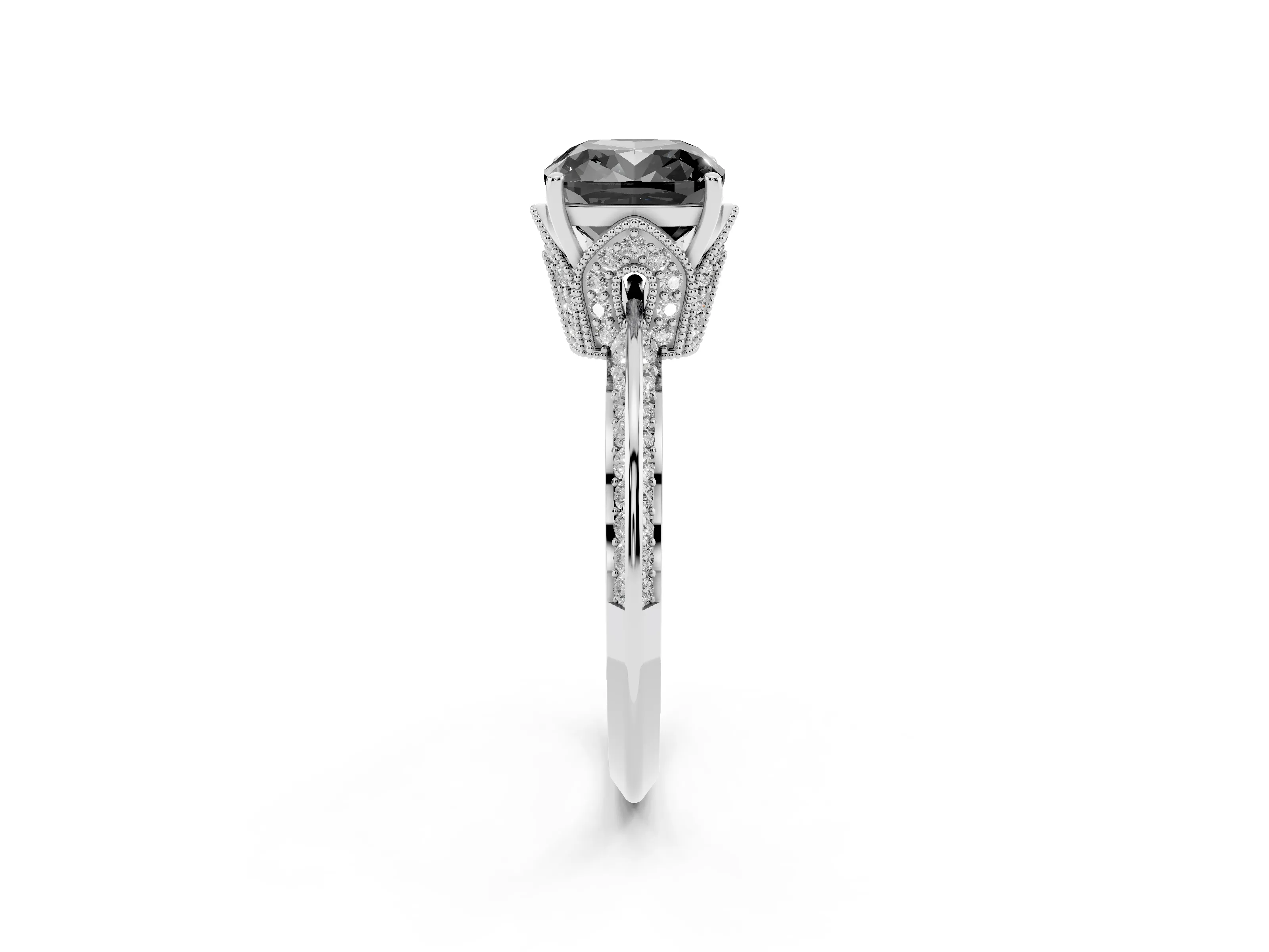 Fancy Black Cushion Cut Diamond Solitaire Engagement Ring Set in White gold with Pavé Split Shank and Prong Setting