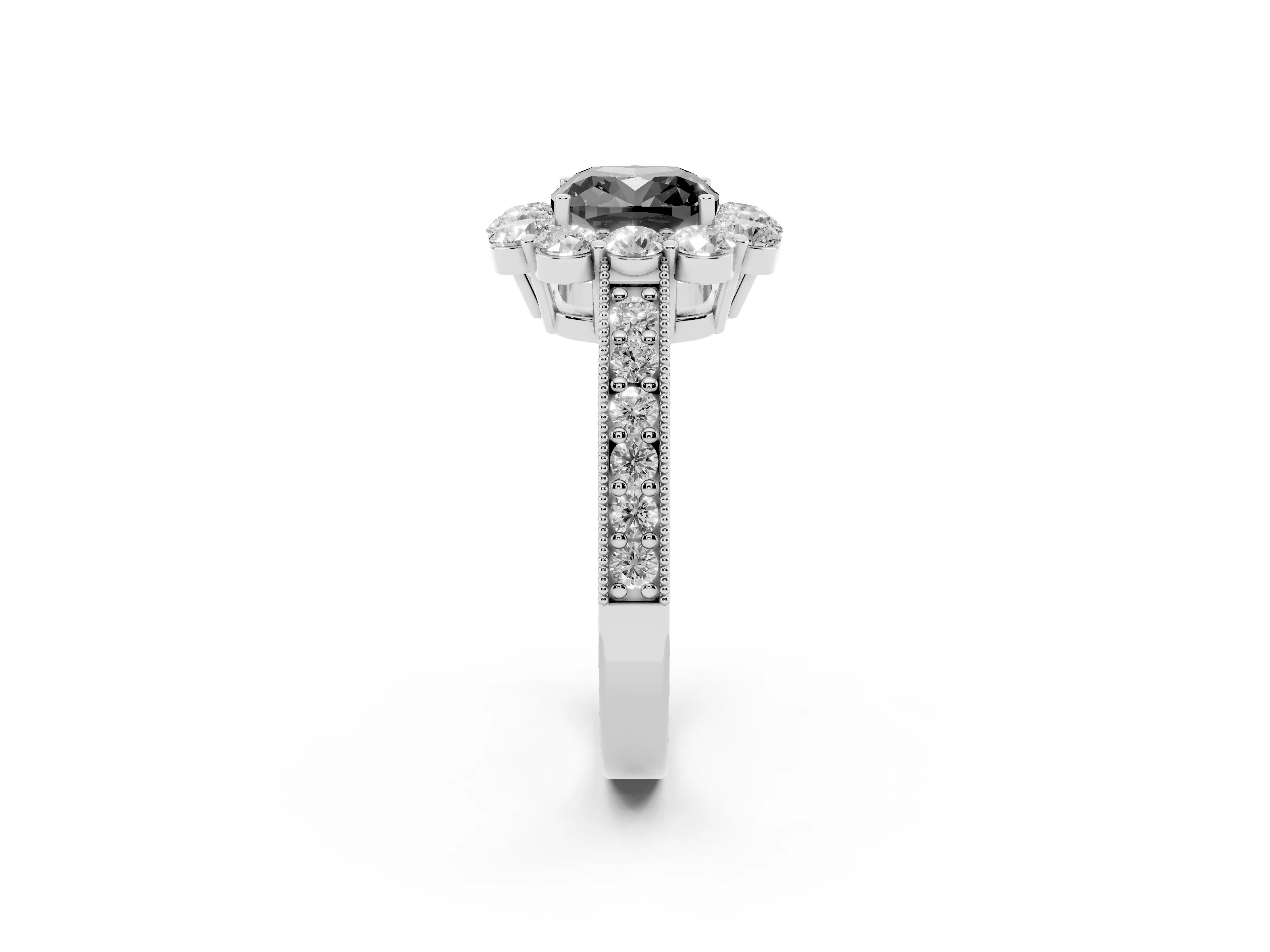 Fancy Black Cushion Cut Diamond Halo Pavé Engagement Ring Set in White gold with Milgrain Detailing
