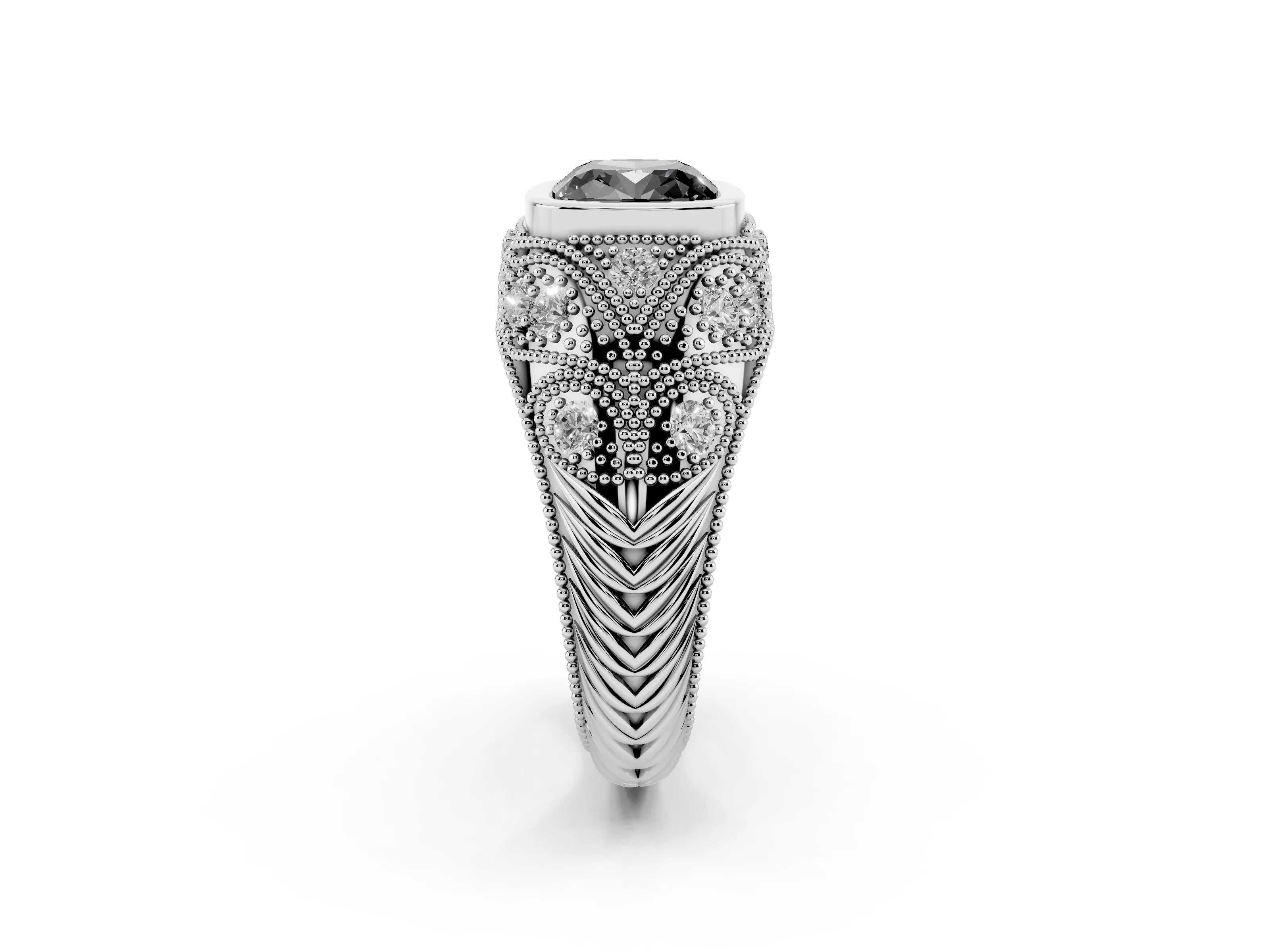 Fancy Black Cushion Cut Diamond Bezel Ring Set in Silver with Milgrain Accent Band