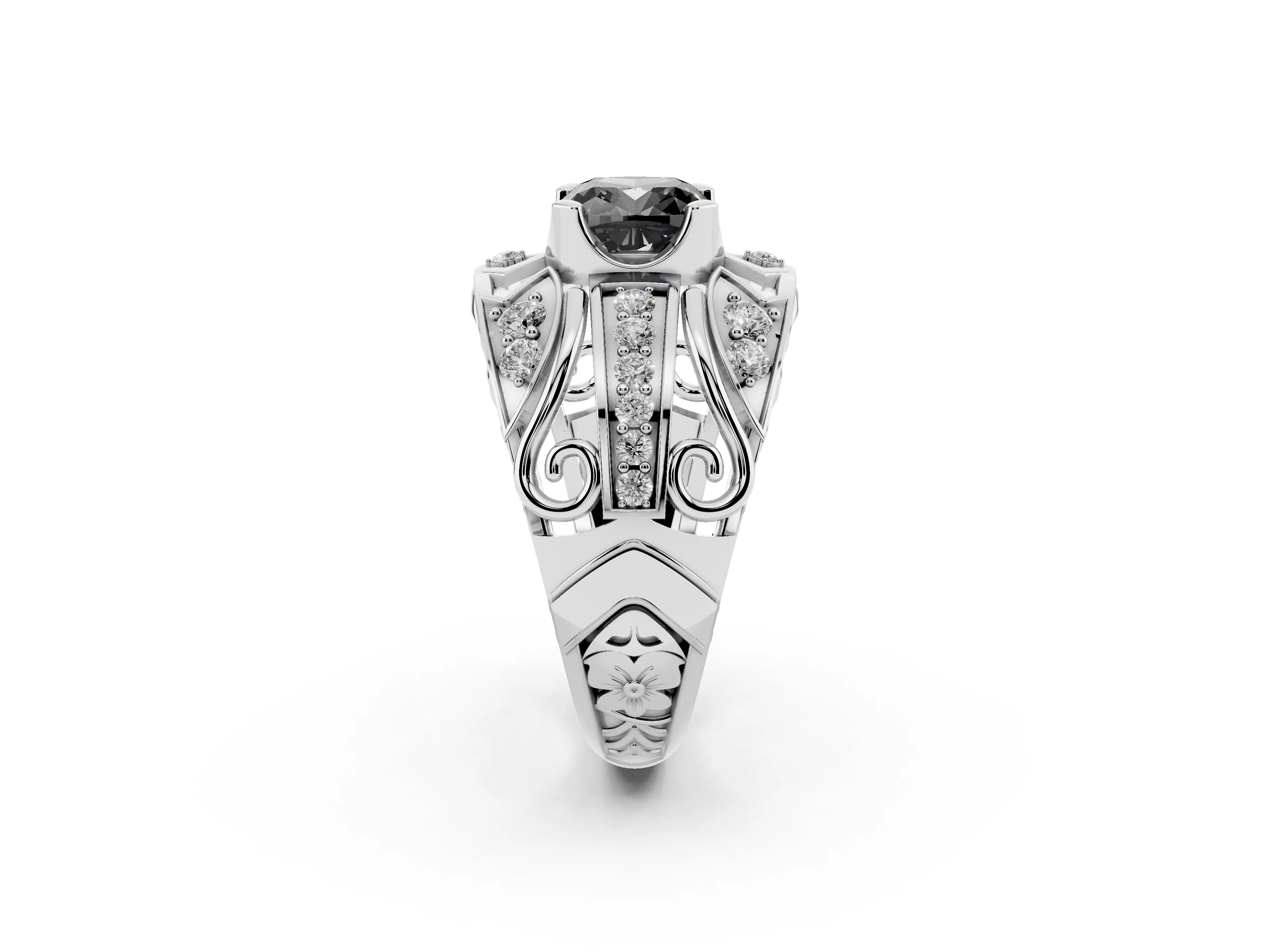 Fancy Black Cushion Cut Diamond Art Deco Ring Set in Silver with Pavé Split Shank