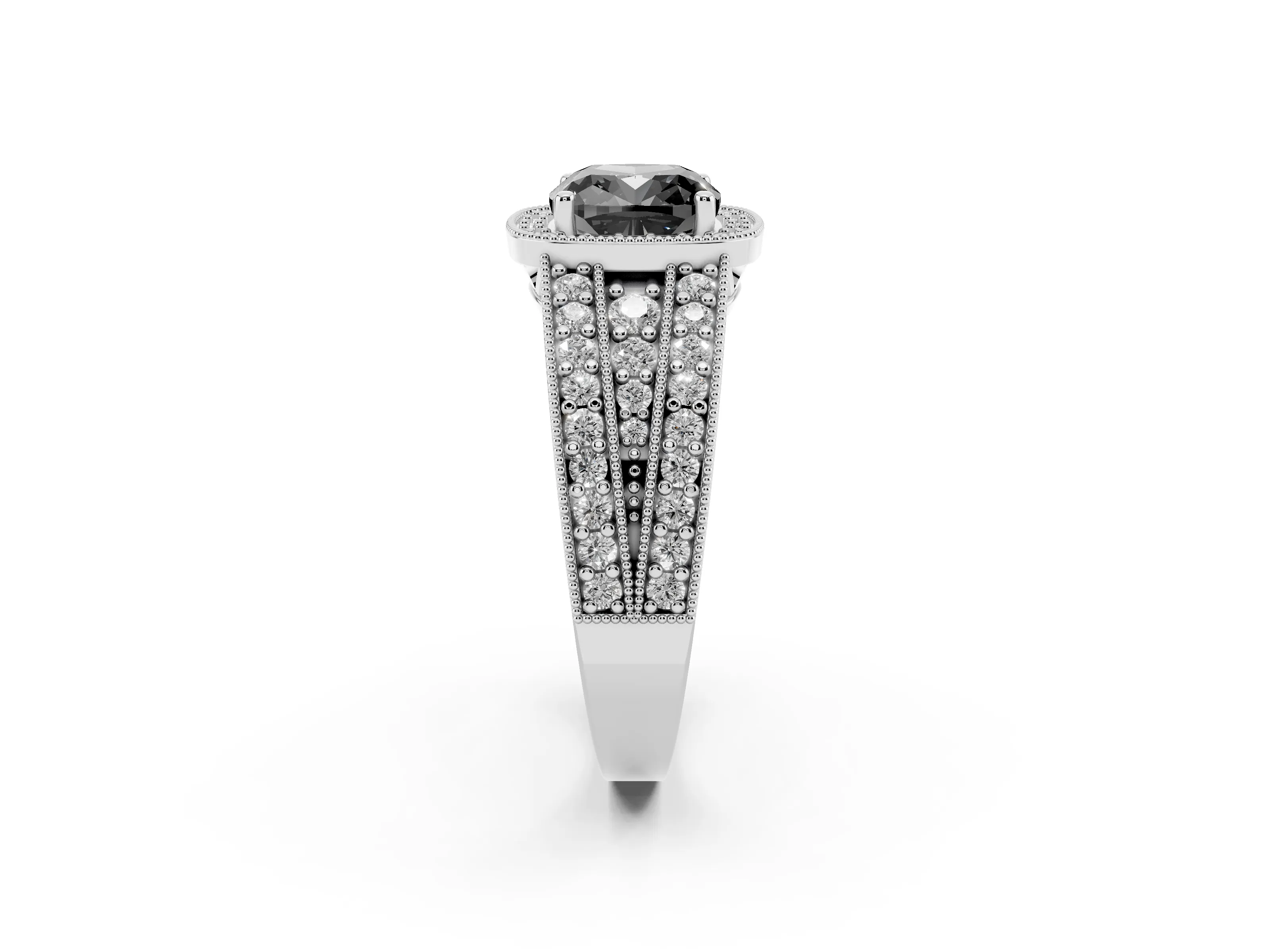 Fancy Black Cushion Cut Diamond Halo Ring Set in Silver with Accent Split Shank and Prong Setting