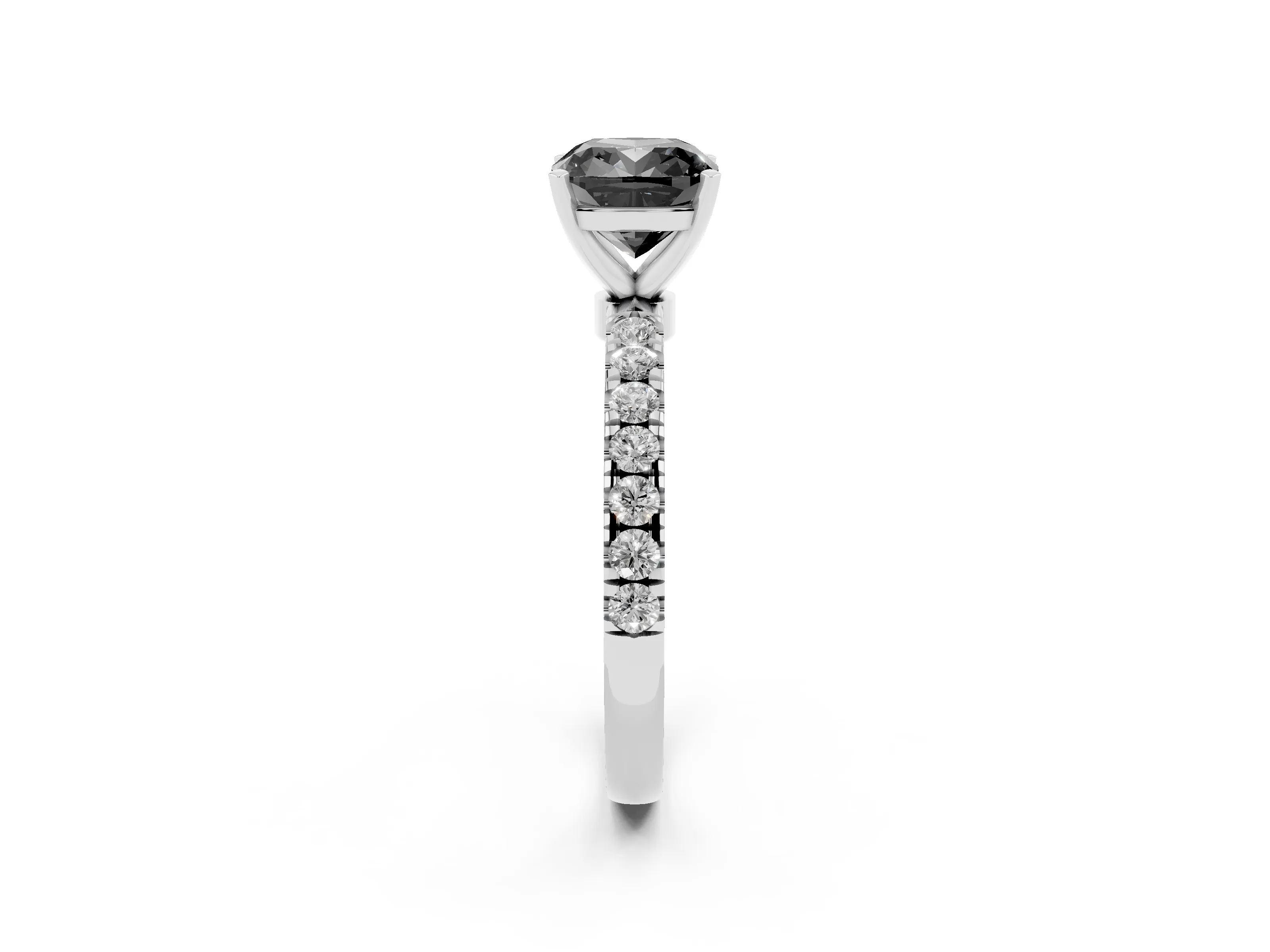 Fancy Black Cushion Cut Diamond Solitaire Ring Set in Silver with Pavé Accents and Prong Setting