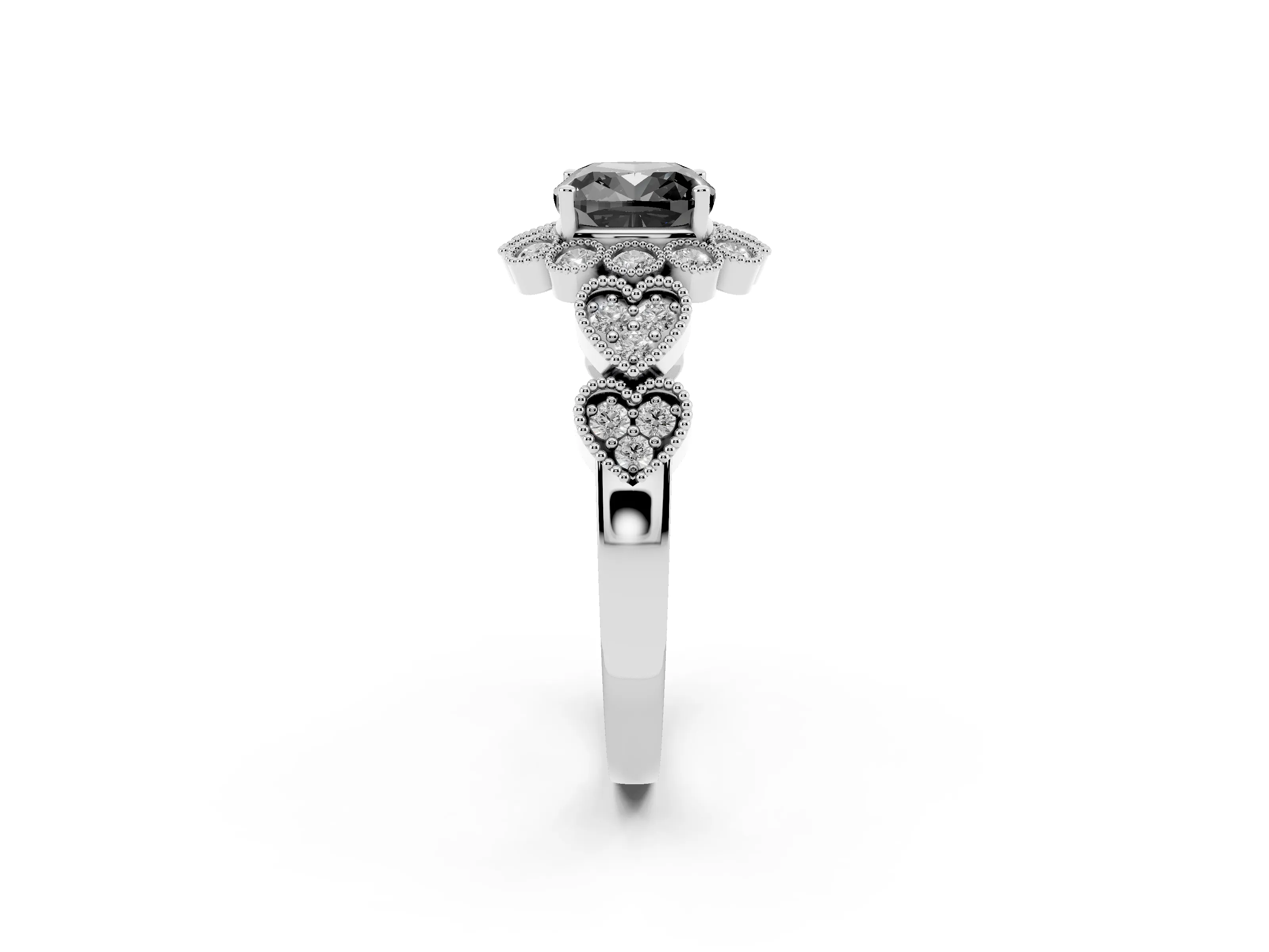 Fancy Black Cushion Cut Diamond Solitaire Ring Set in Platinum with Milgrain Pavé Heart Band