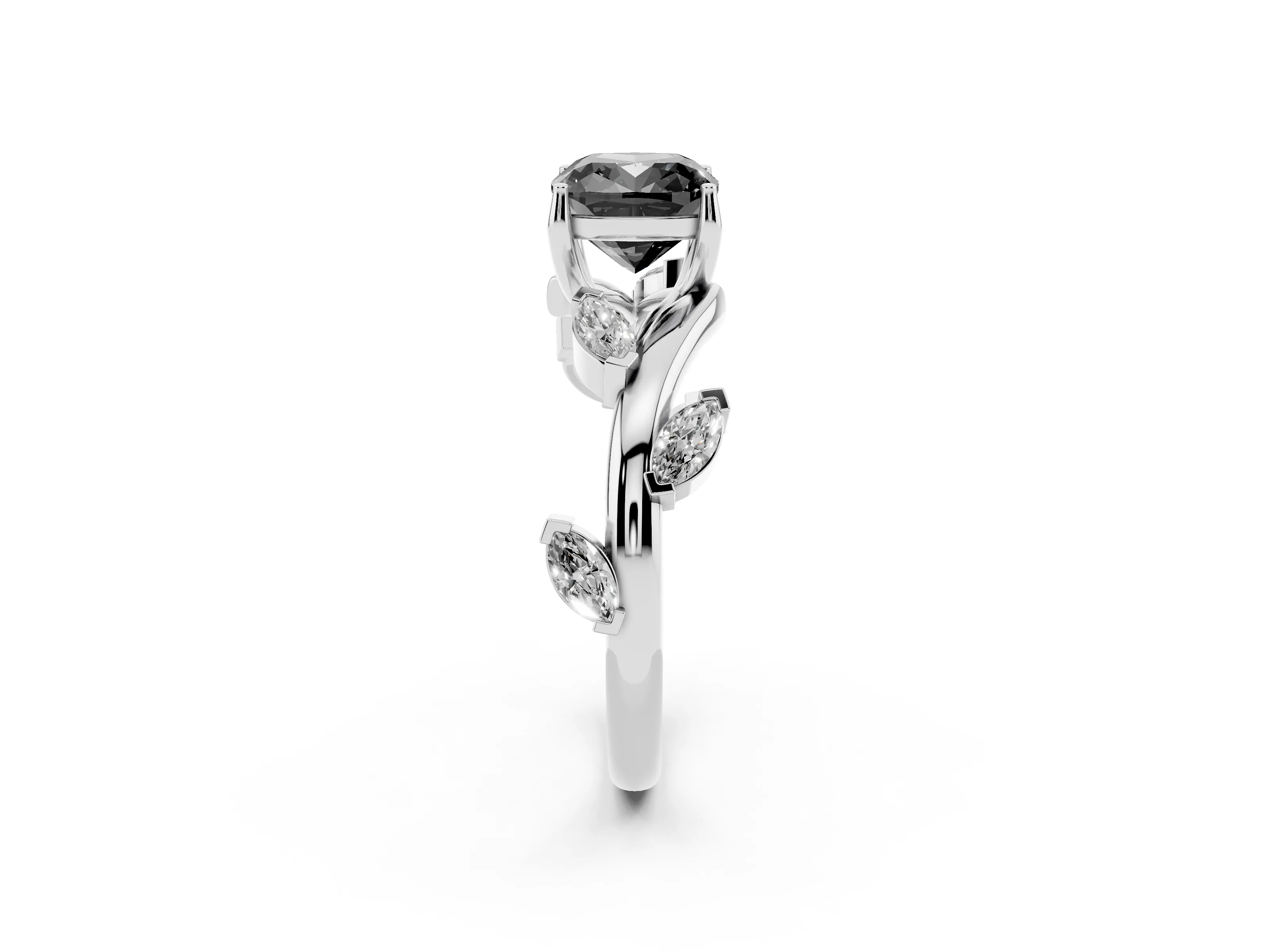 Fancy Black Cushion Cut Diamond Solitaire Ring Set in White gold with Twisted Marquise Accent Band