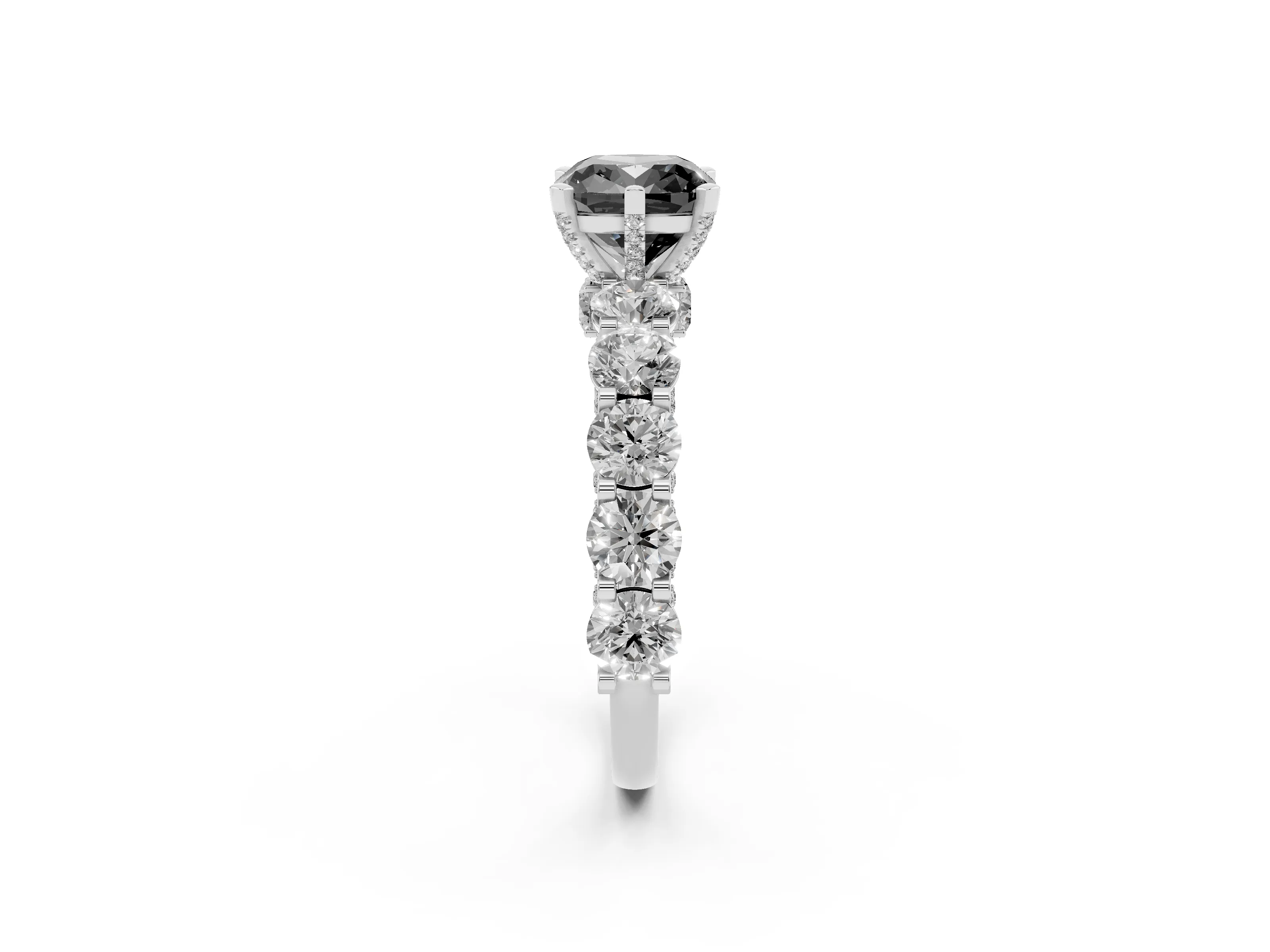 Fancy Black Cushion Cut Diamond Side Stone Ring Set in Platinum with Alternating Round and Oval Side Stones