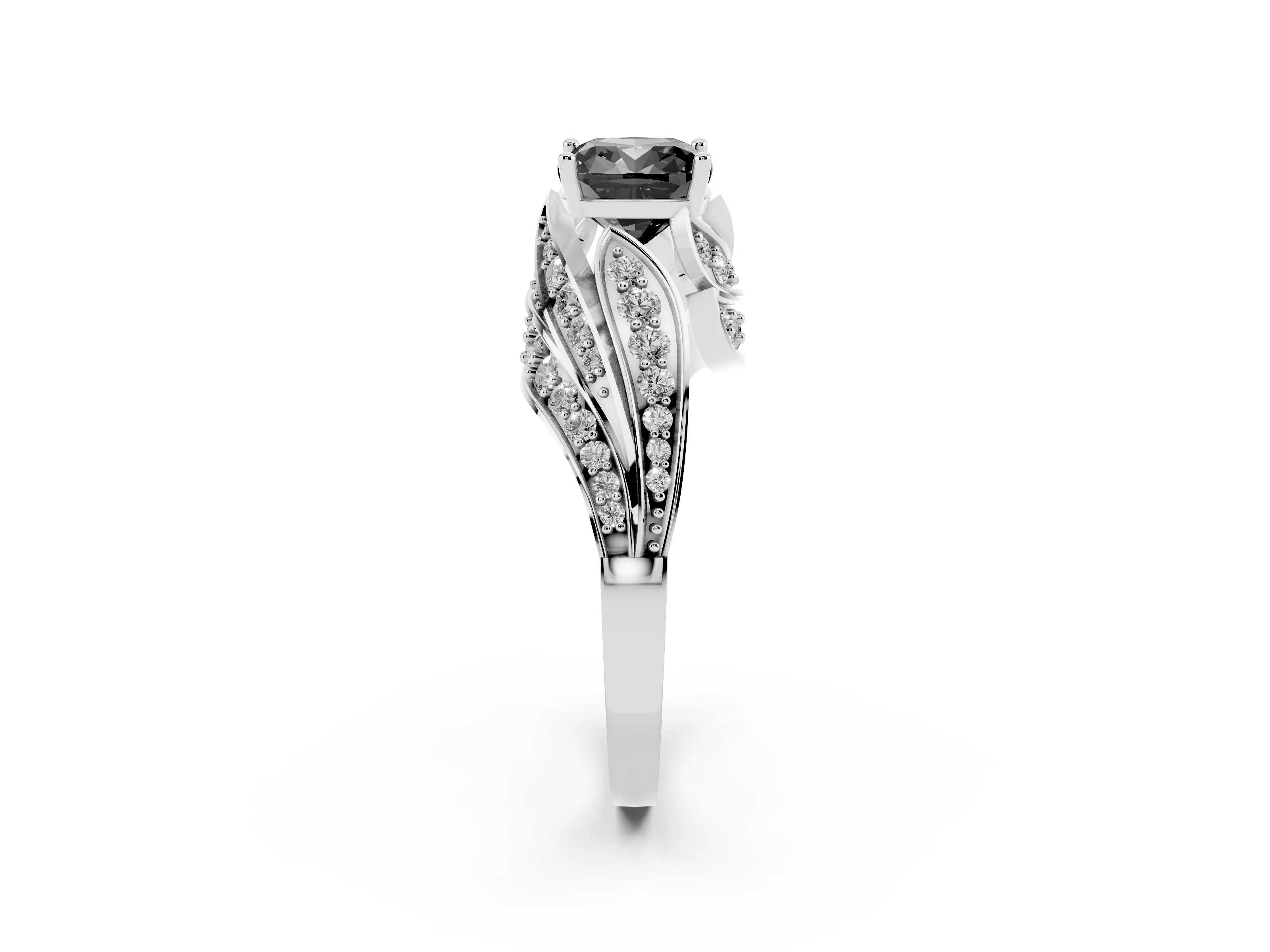 Fancy Black Cushion Cut Diamond Solitaire Ring Set in Platinum with Layered Twist Pavé Band