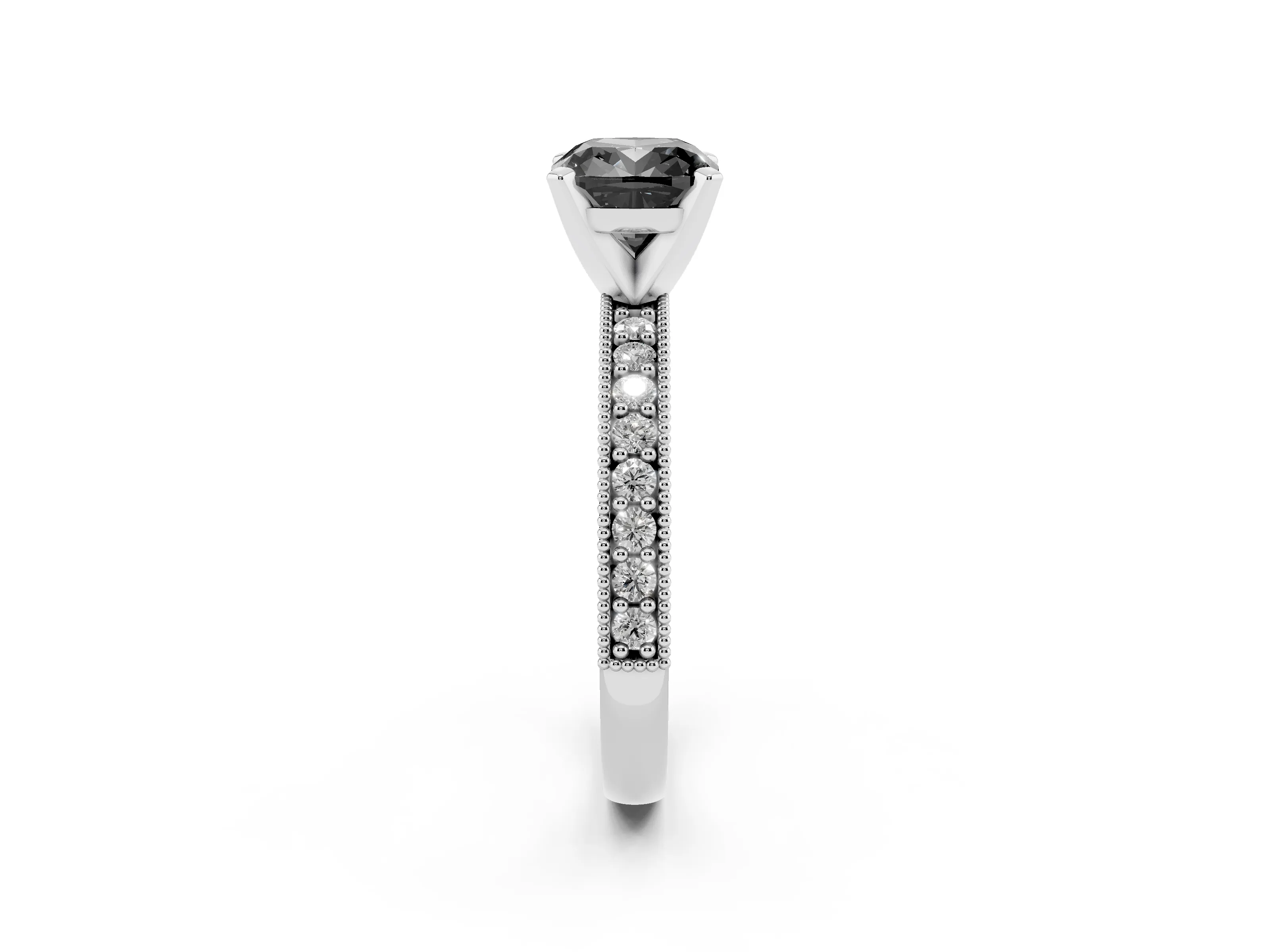 Fancy Black Cushion Cut Diamond Milgrain Pavé Engagement Ring Set in White gold with Prong Setting