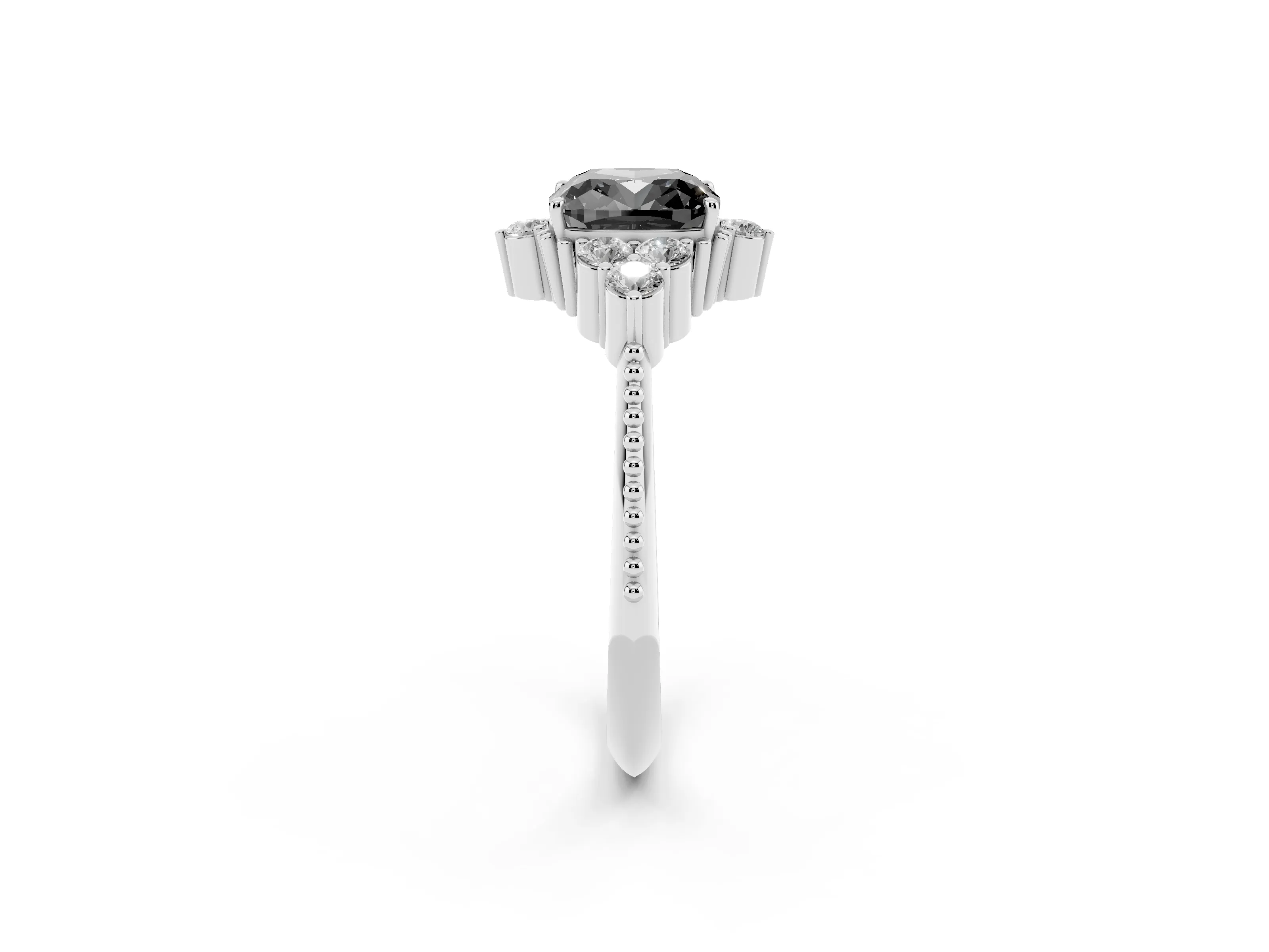 Fancy Black Cushion Cut Diamond Cluster Ring Set in White gold with Beaded Band