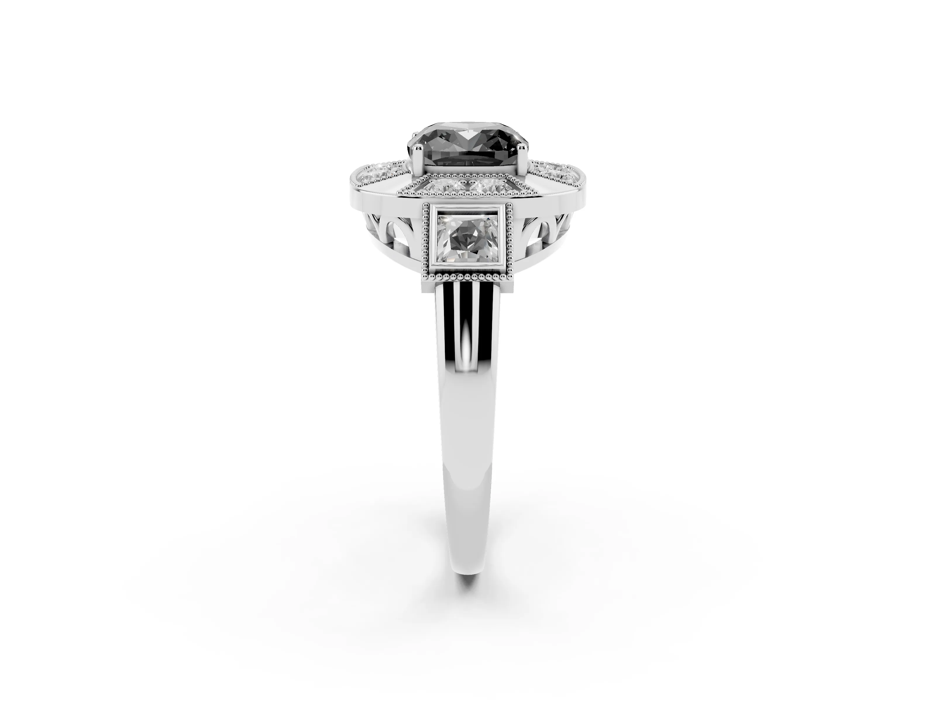 Fancy Black Cushion Cut Diamond Milgrain Halo Ring Set in Silver with Split Shank
