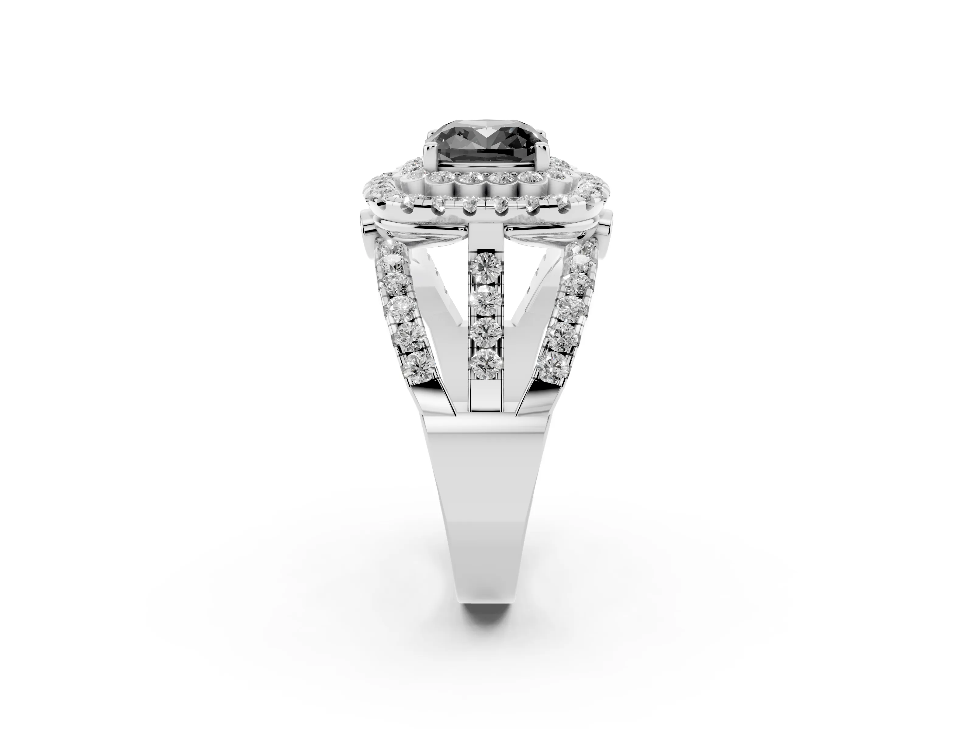 Fancy Black Cushion Cut Diamond Double Halo Ring Set in White gold with Round Pavé Split Shank