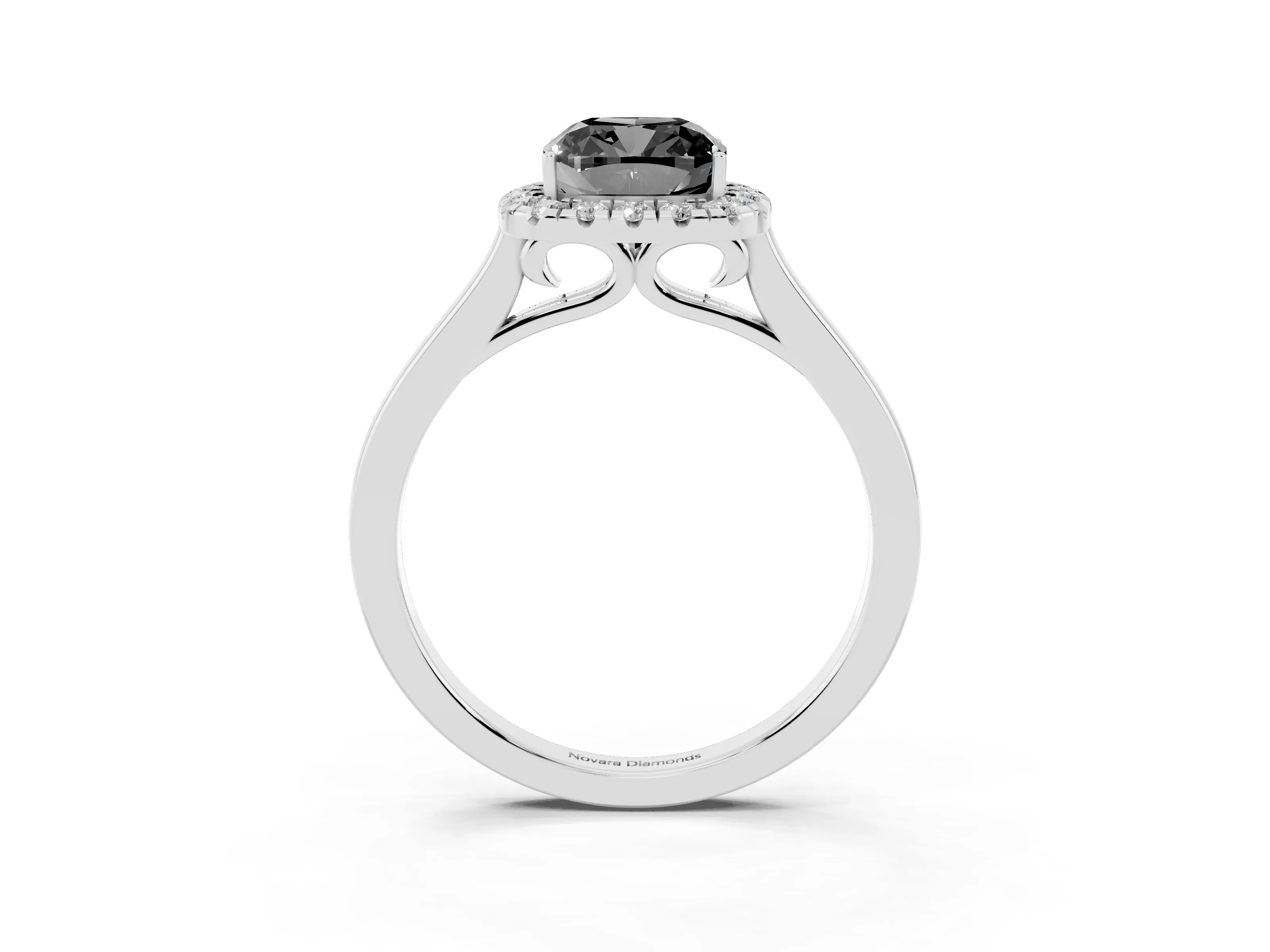 Fancy Black Cushion Cut Halo Round Diamond Solitaire Ring Set in Platinum with Pavé Band and Prong Setting
