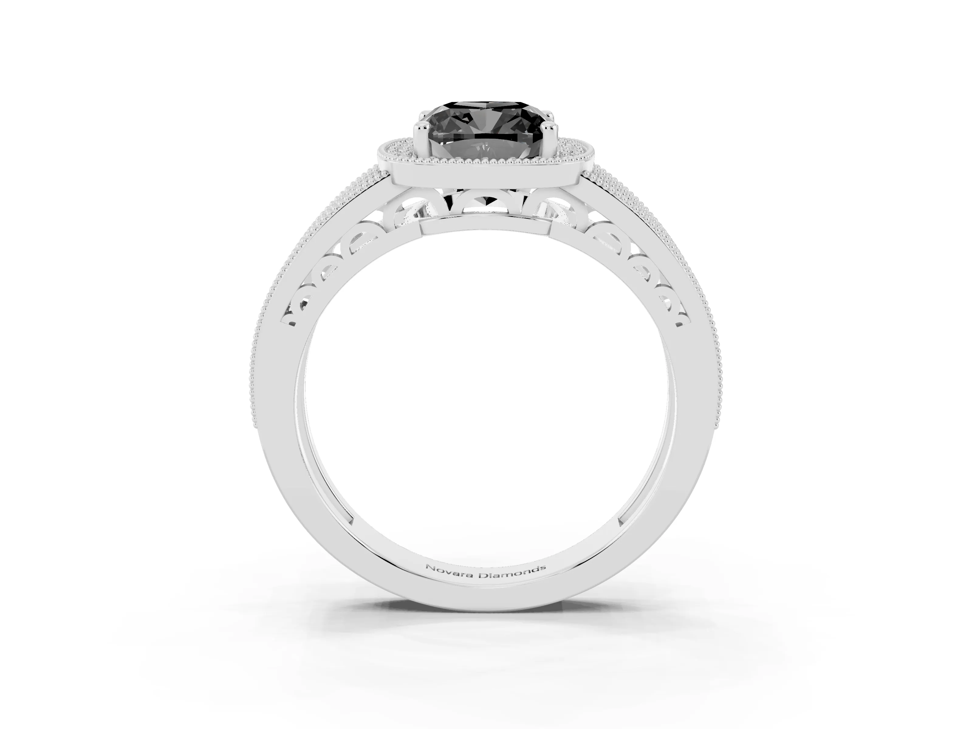 Fancy Black Cushion Cut Diamond Halo Ring Set in Silver with Accent Split Shank and Prong Setting