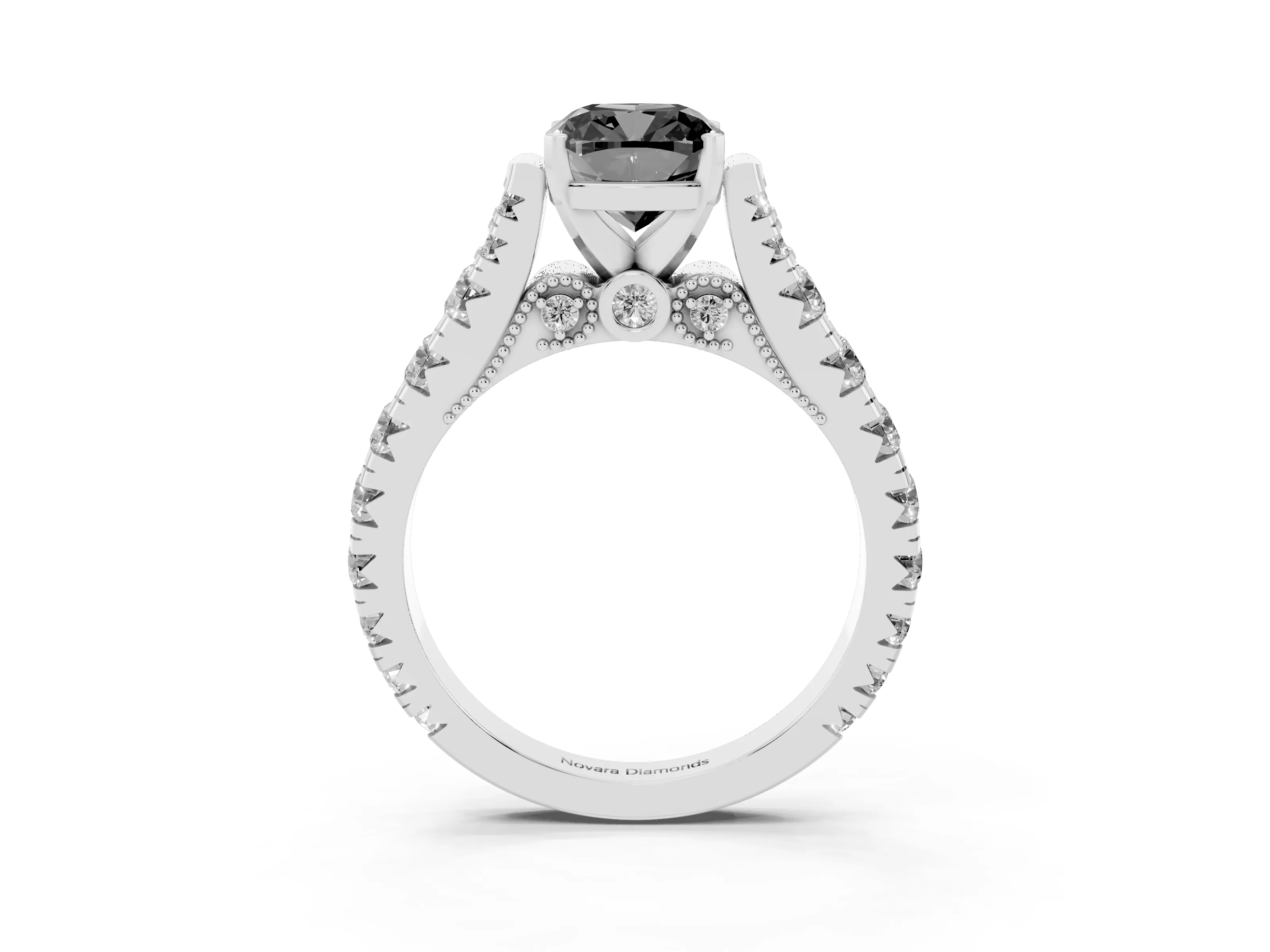 Fancy Black Cushion Cut Diamond Classic Solitaire Ring Set in Silver with Pavé Band and Prong Setting