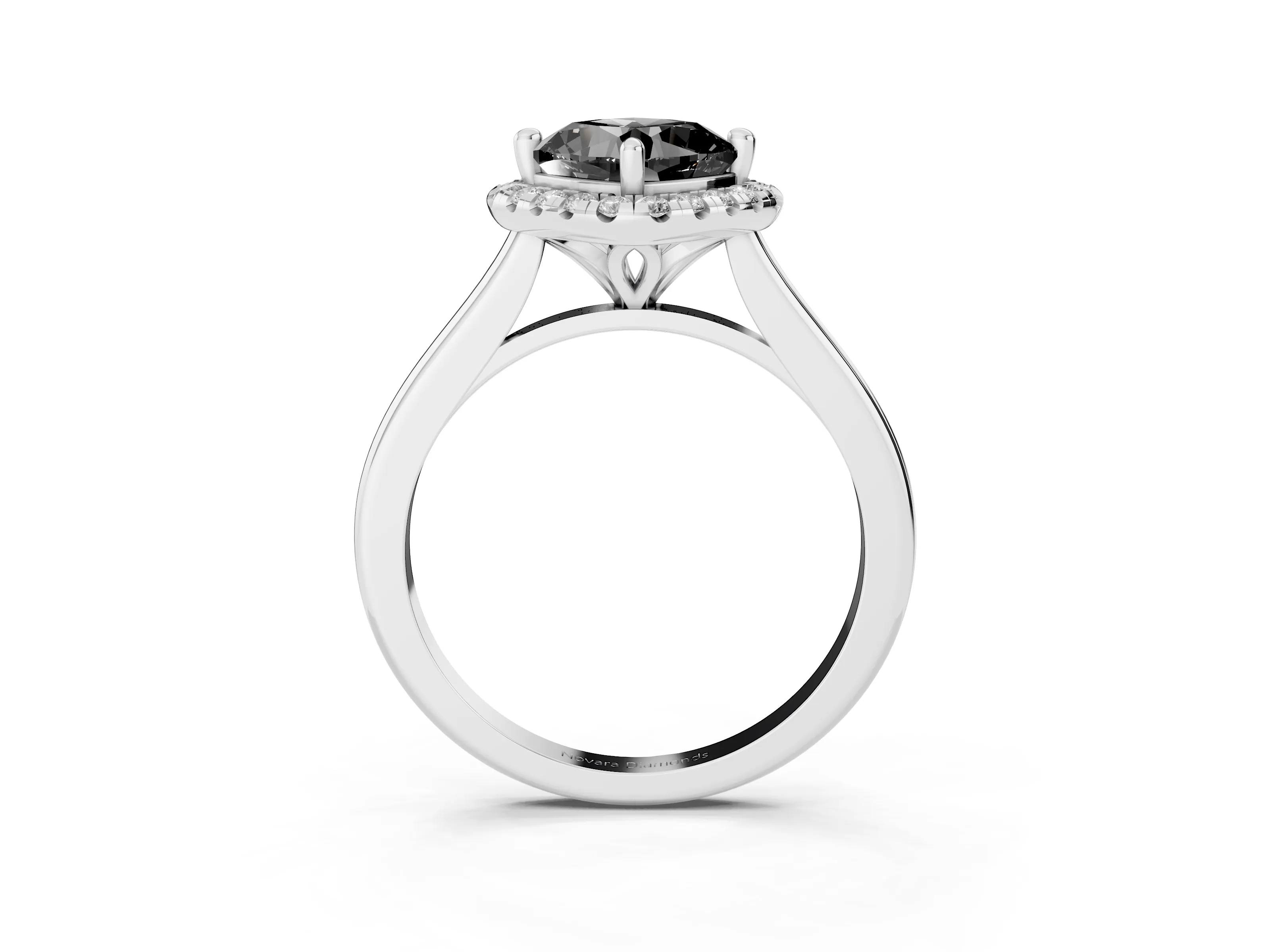 Fancy Black Cushion Cut Diamond Halo Engagement Ring Set in White gold with Pavé Band and Rising Shoulders