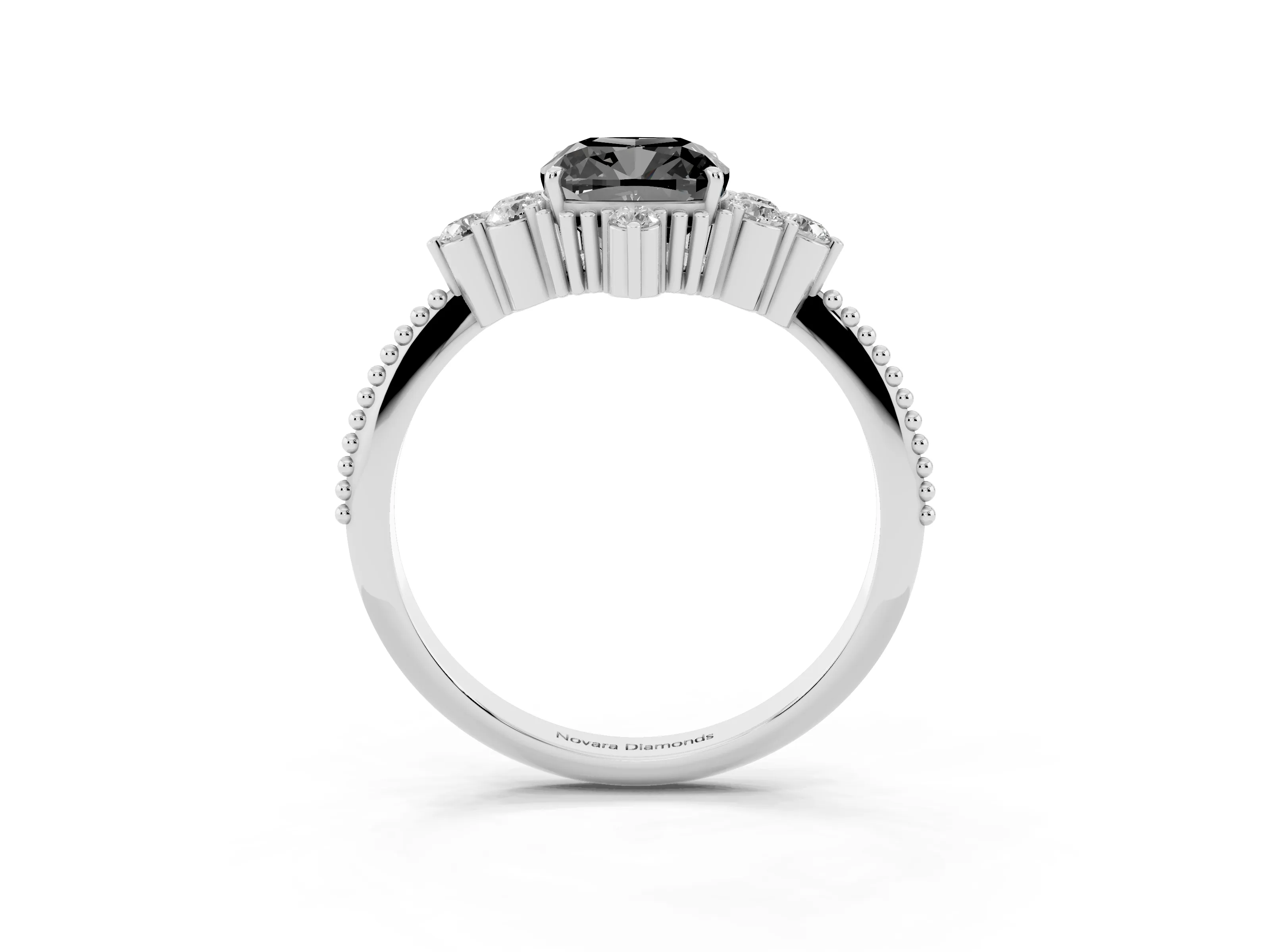 Fancy Black Cushion Cut Diamond Cluster Ring Set in White gold with Beaded Band