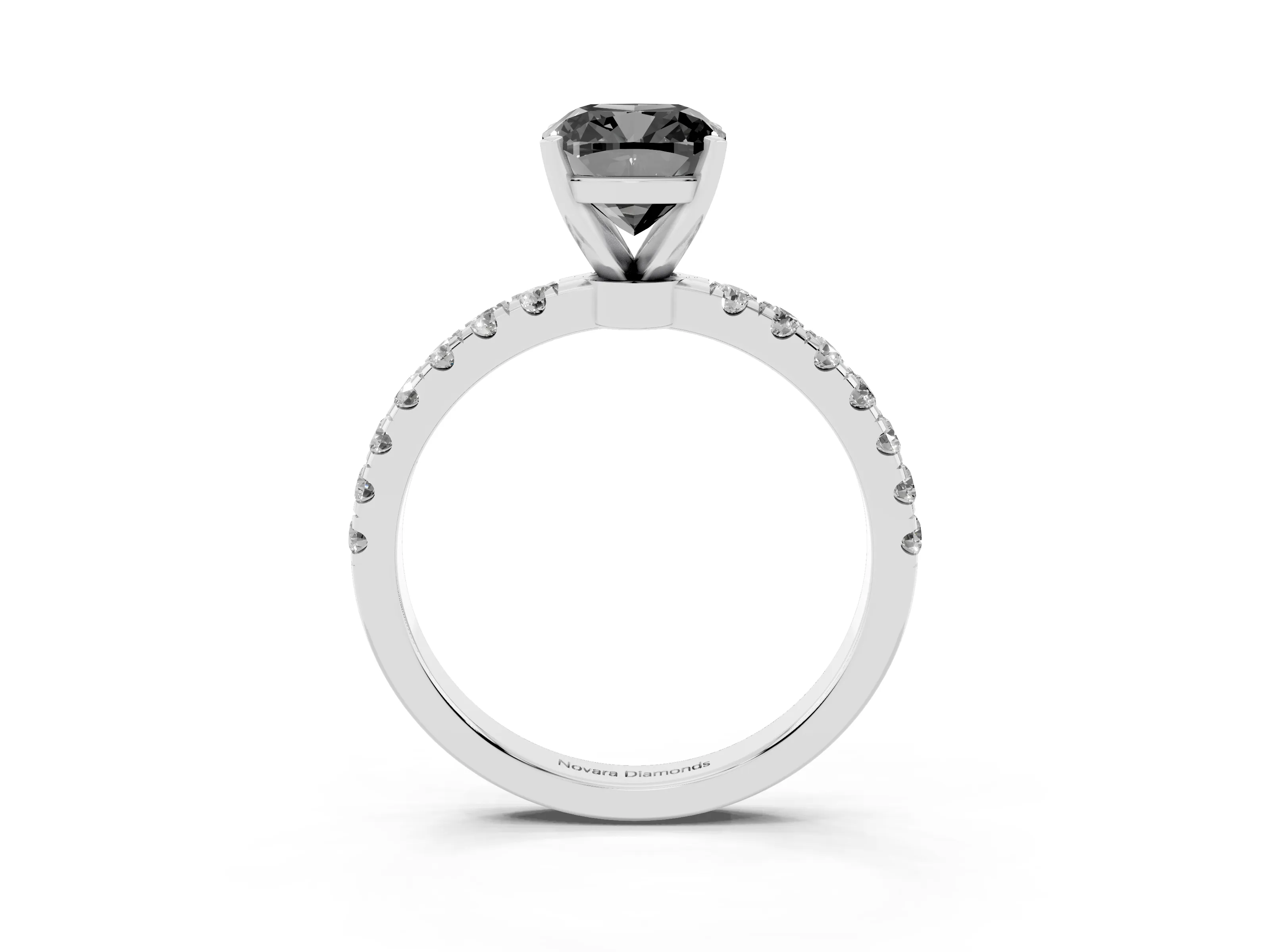 Fancy Black Cushion Cut Diamond Solitaire Ring Set in Silver with Pavé Accents and Prong Setting