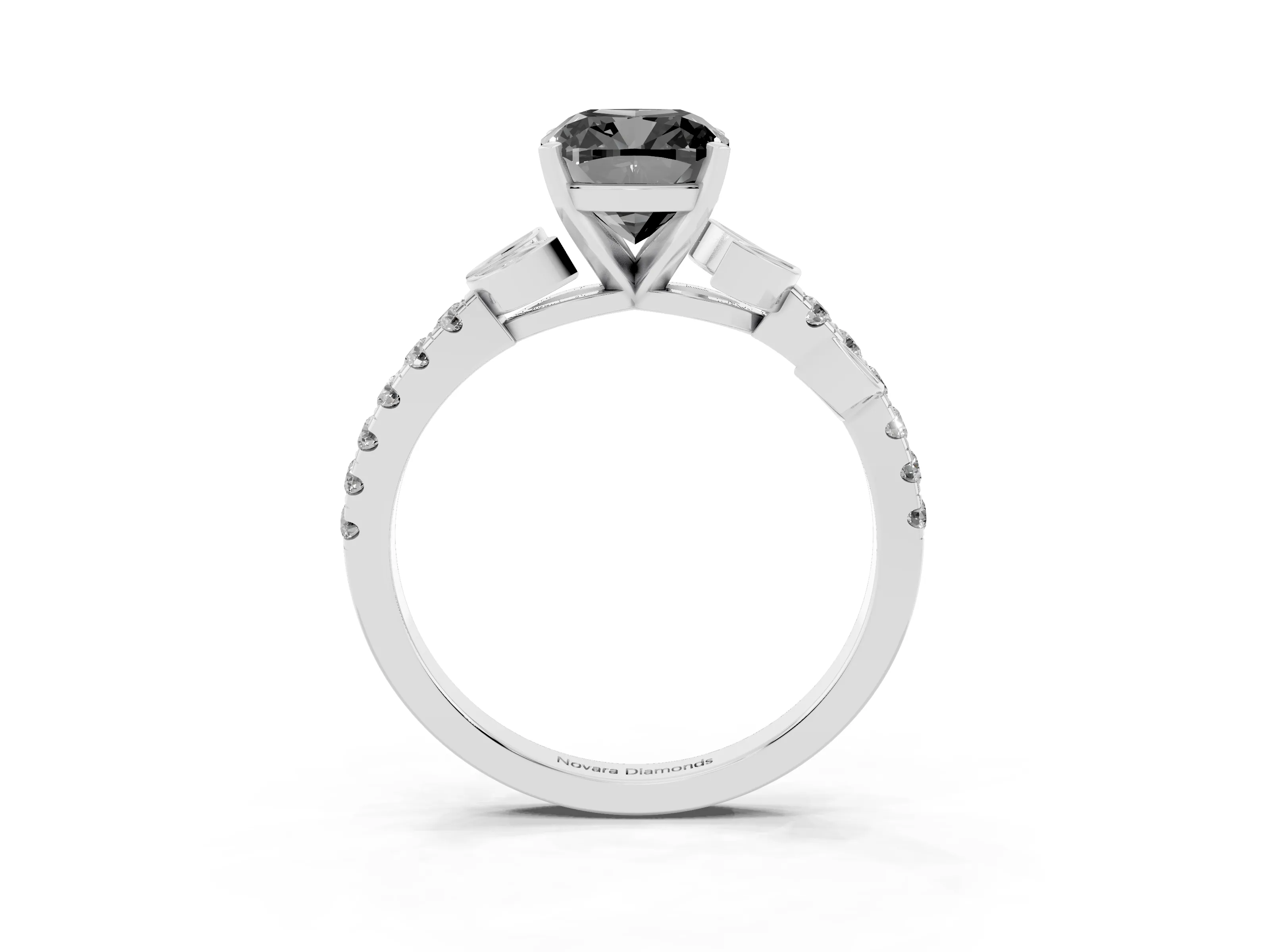 Fancy Black Cushion Cut Diamond Solitaire Leaf-Inspired Ring Set in Platinum with Pavé Band and Prong Setting