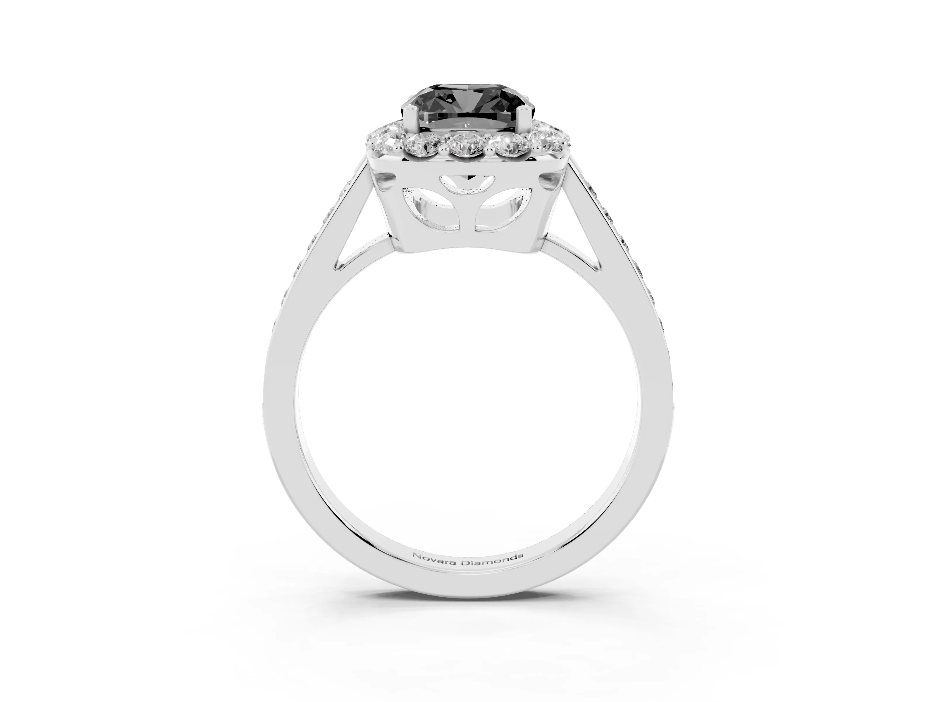 Fancy Black Cushion Cut Diamond Floral Halo Ring Set in White gold with Pavé Band and Prong Setting