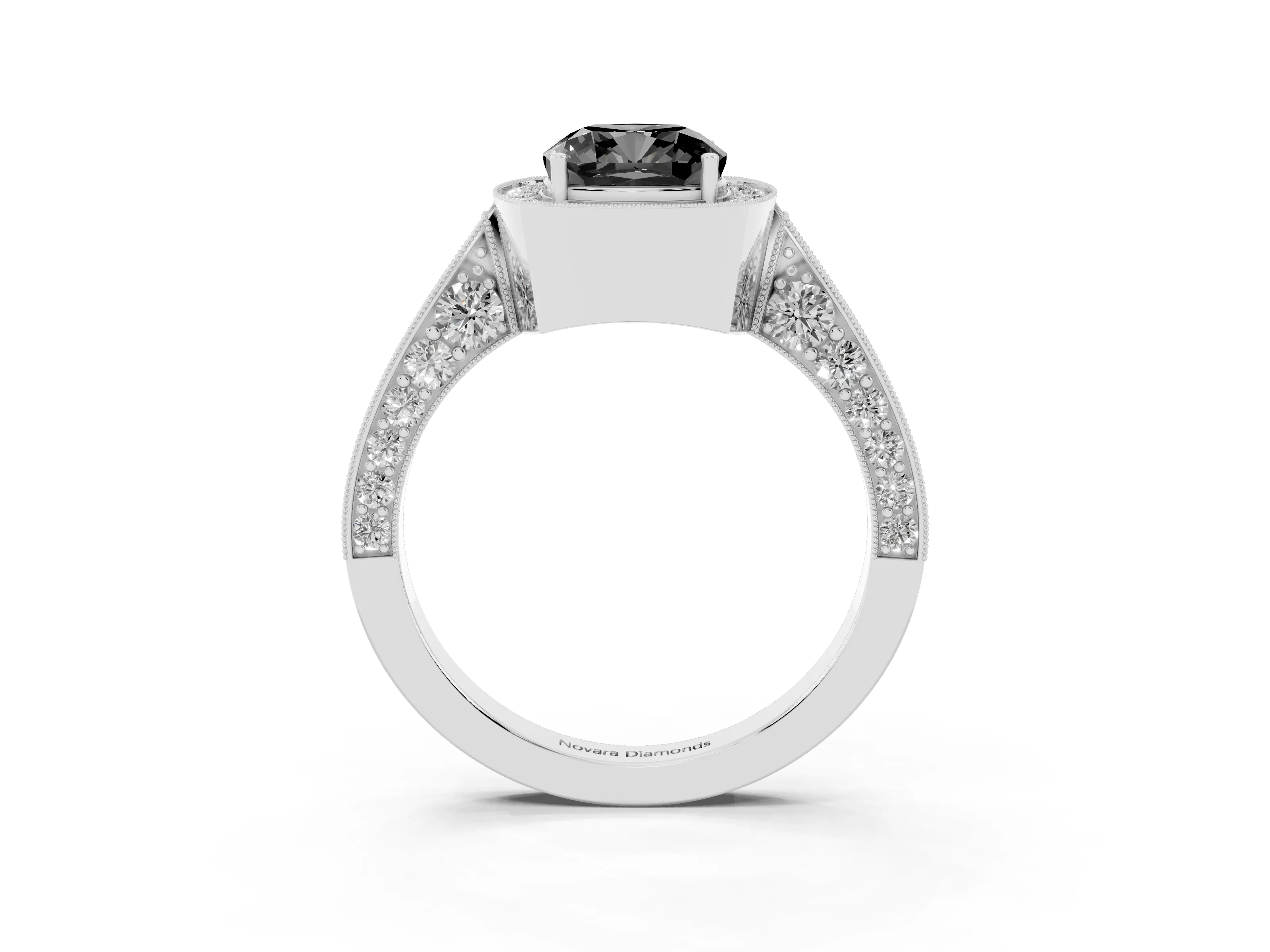 Fancy Black Cushion Cut Diamond Halo Engagement Ring Set in White gold with Accent Split Shank Band