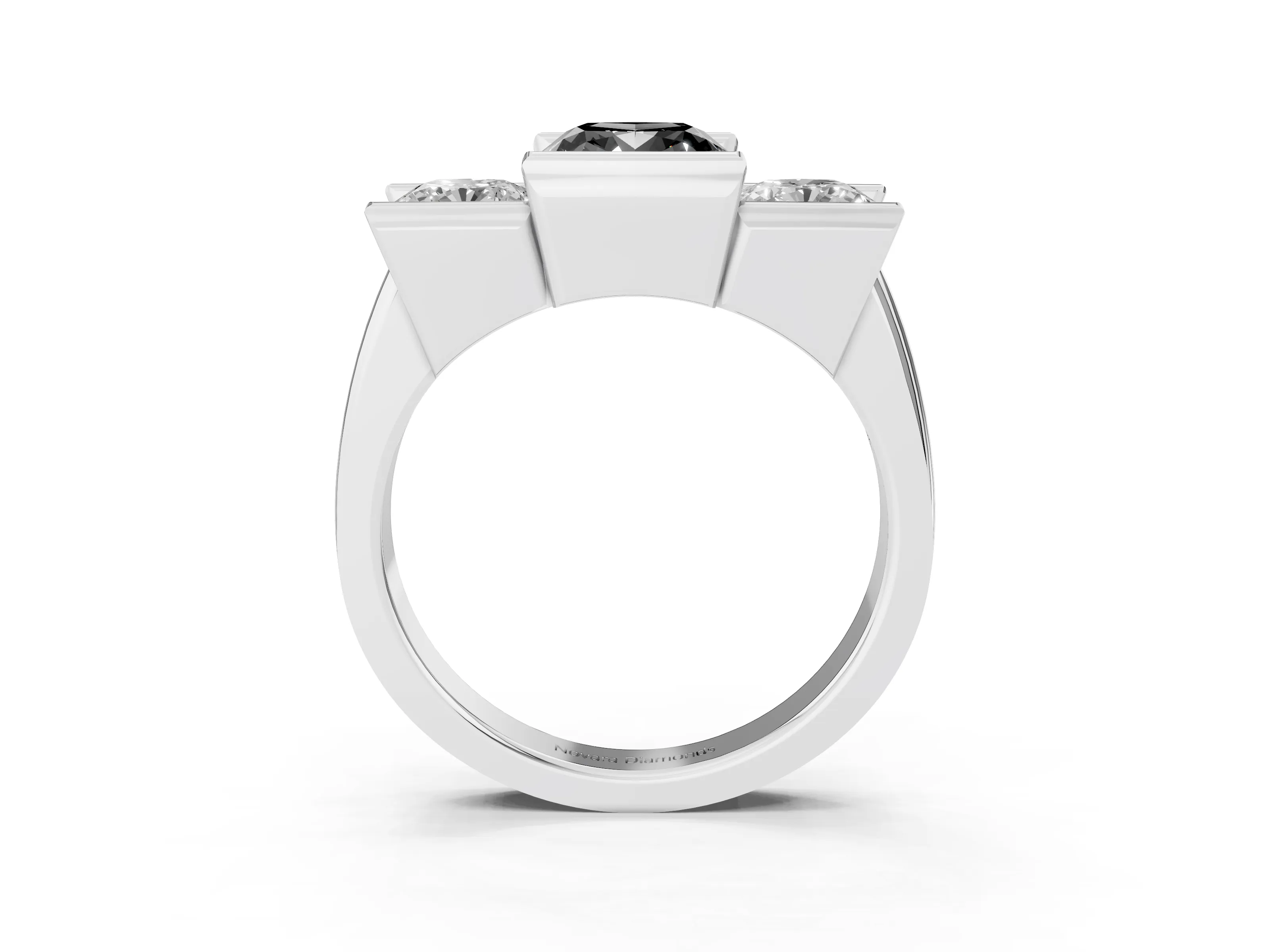 Fancy Black Cushion Cut Diamond Three-Stone Channel Set Ring Set in Silver with Smooth Polished Band