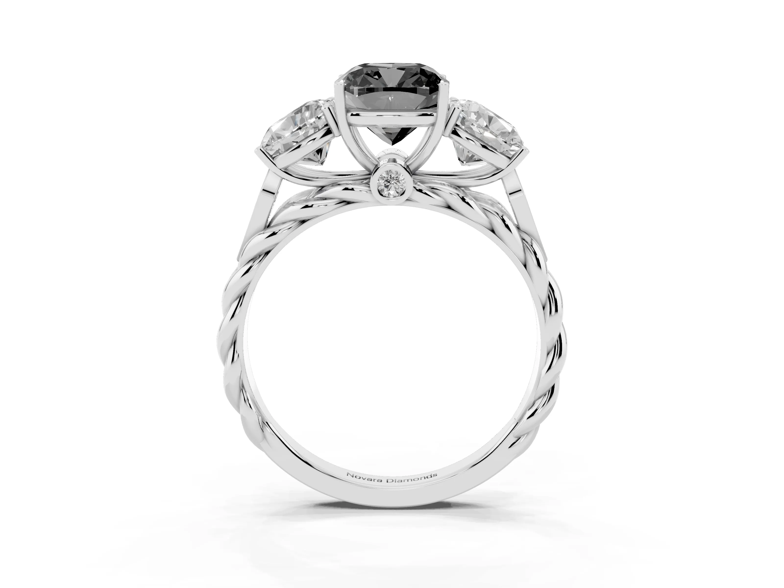 Fancy Black Cushion Cut Diamond Three-Stone Ring Set in Silver with Braided Band