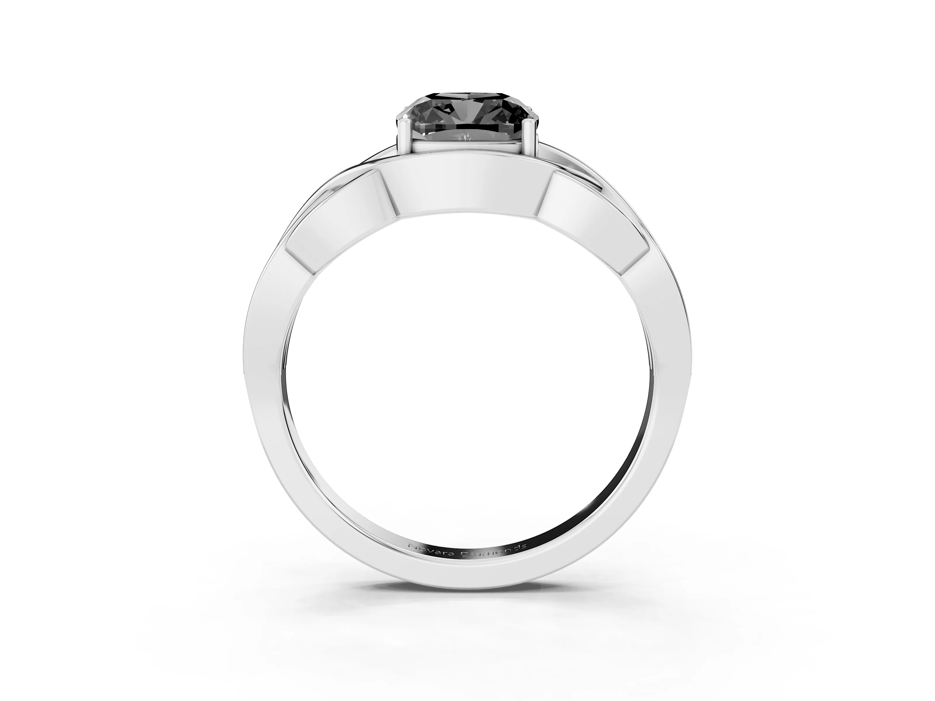 Fancy Black Cushion Cut Diamond Solitaire Ring Set in White gold with Intertwined Band