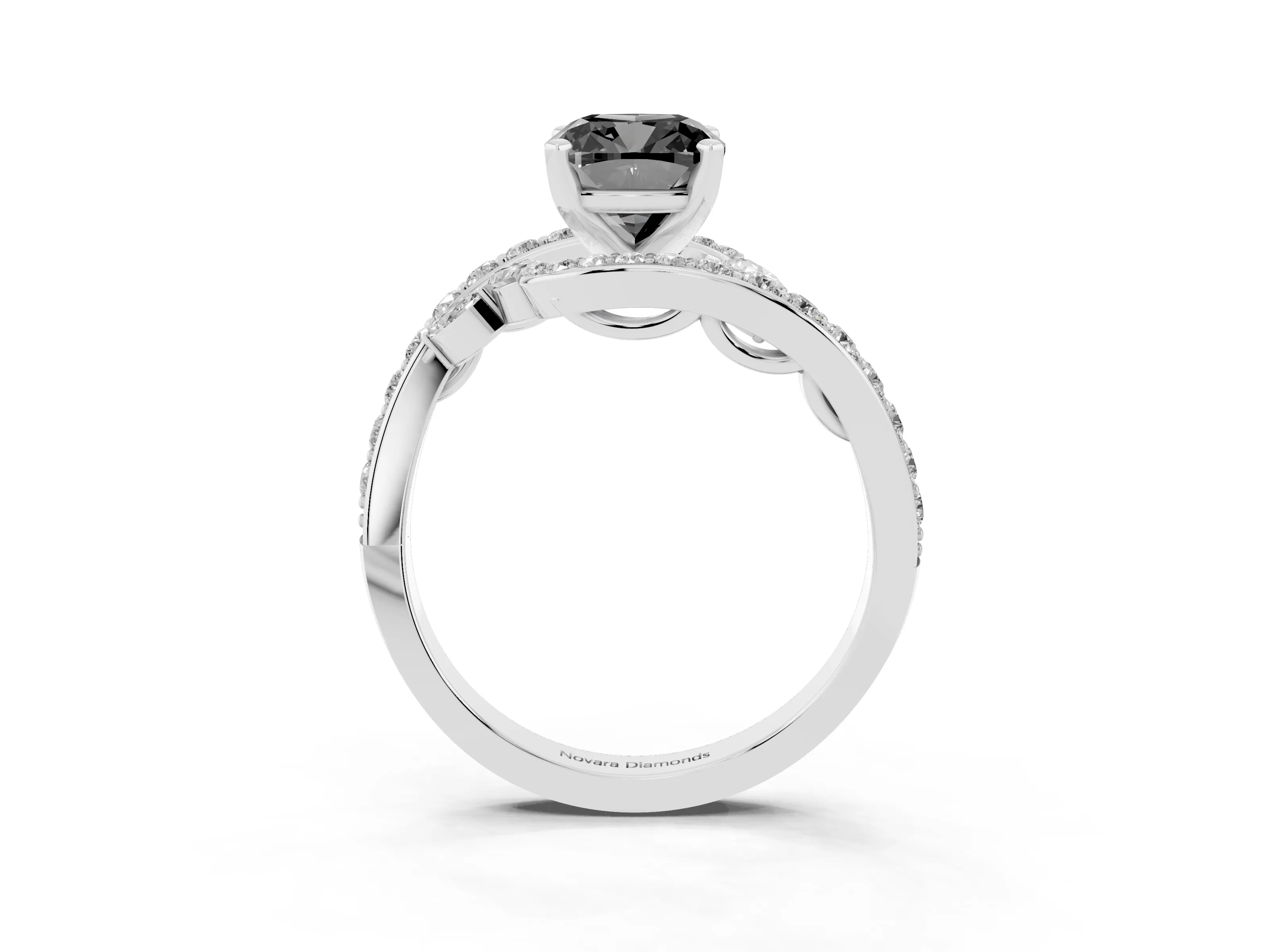 Fancy Black Cushion Cut Diamond Solitaire Ring Set in Silver with Filigree Band and Prong Setting