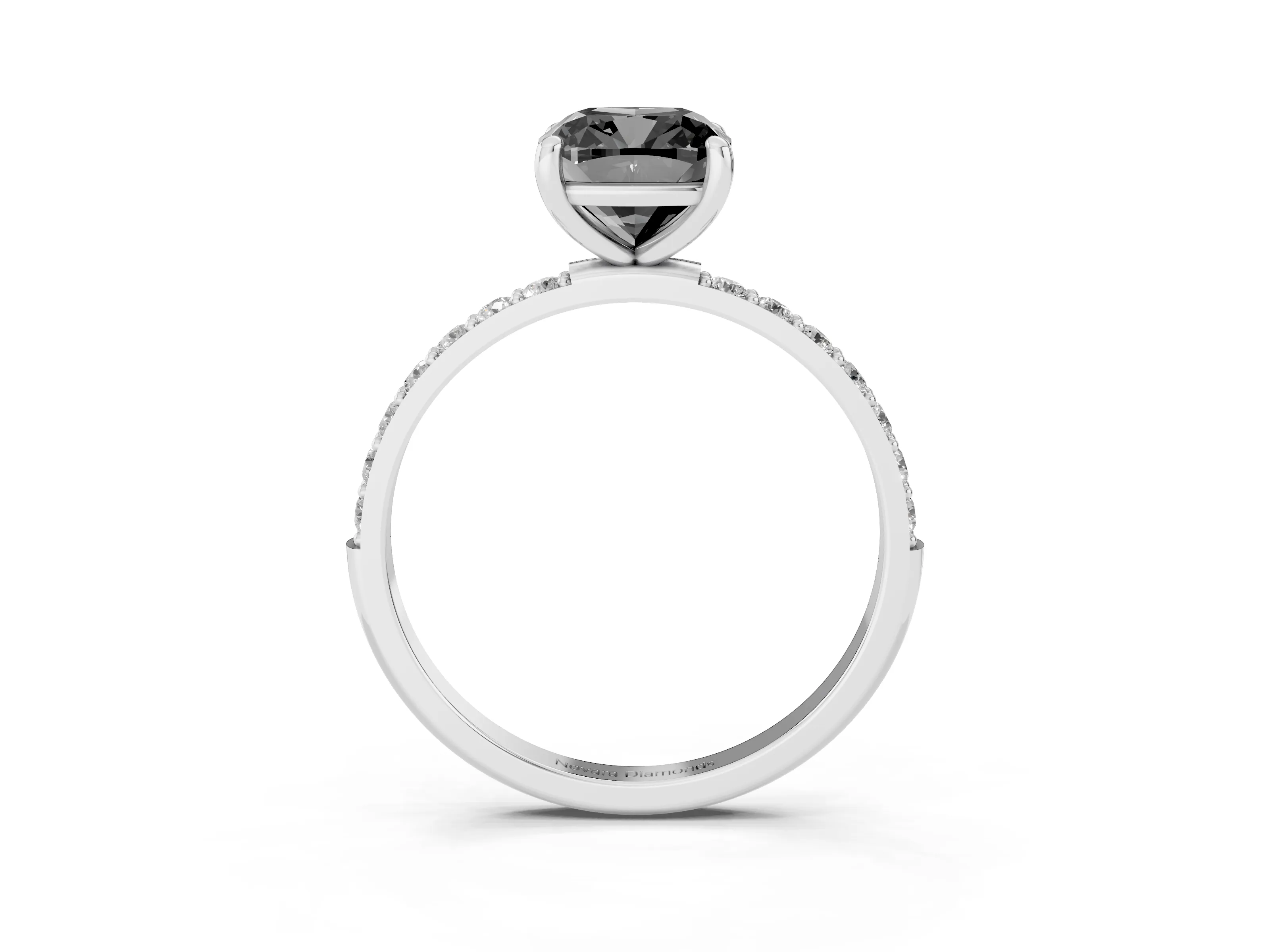 Fancy Black Cushion Cut Diamond Solitaire Ring Set in Platinum with Round Pavé Band and Prong Setting