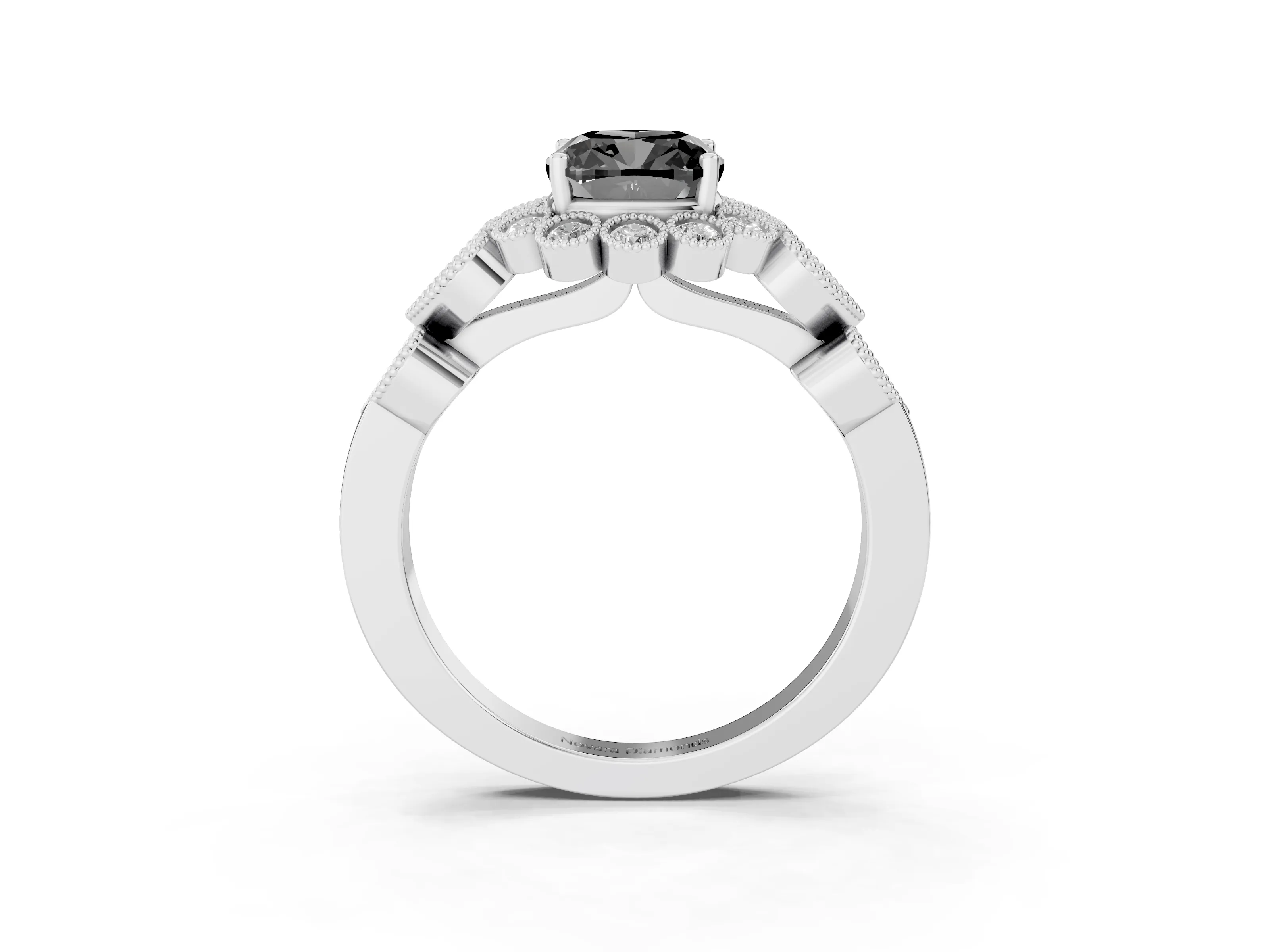 Fancy Black Cushion Cut Diamond Solitaire Ring Set in Platinum with Milgrain Pavé Heart Band
