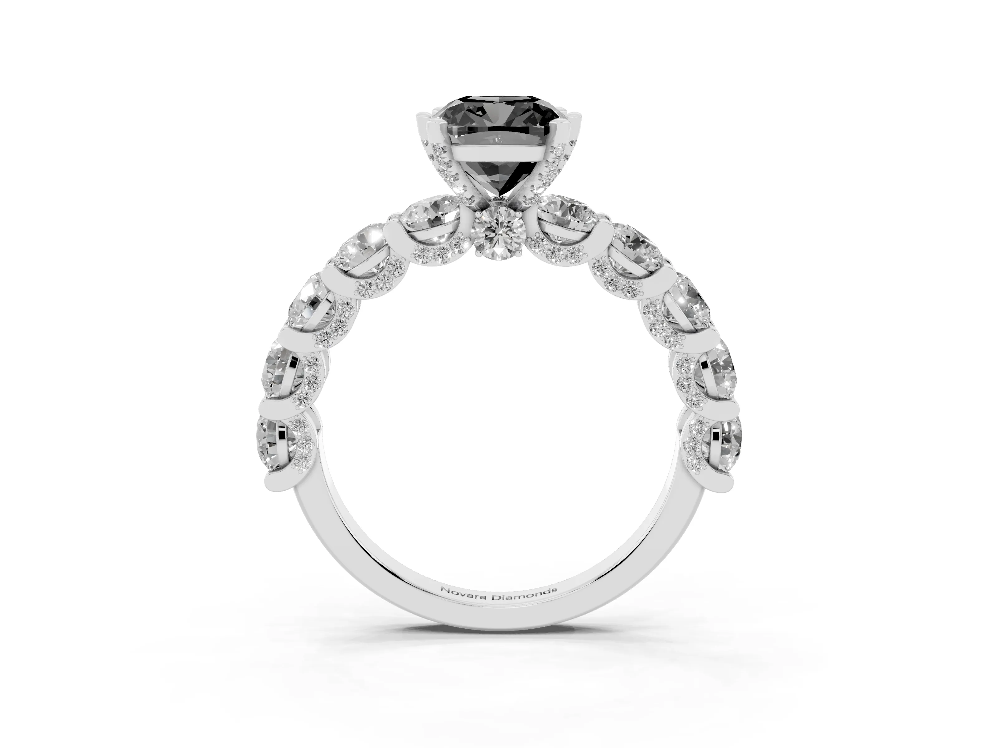 Fancy Black Cushion Cut Diamond Side Stone Ring Set in Platinum with Alternating Round and Oval Side Stones