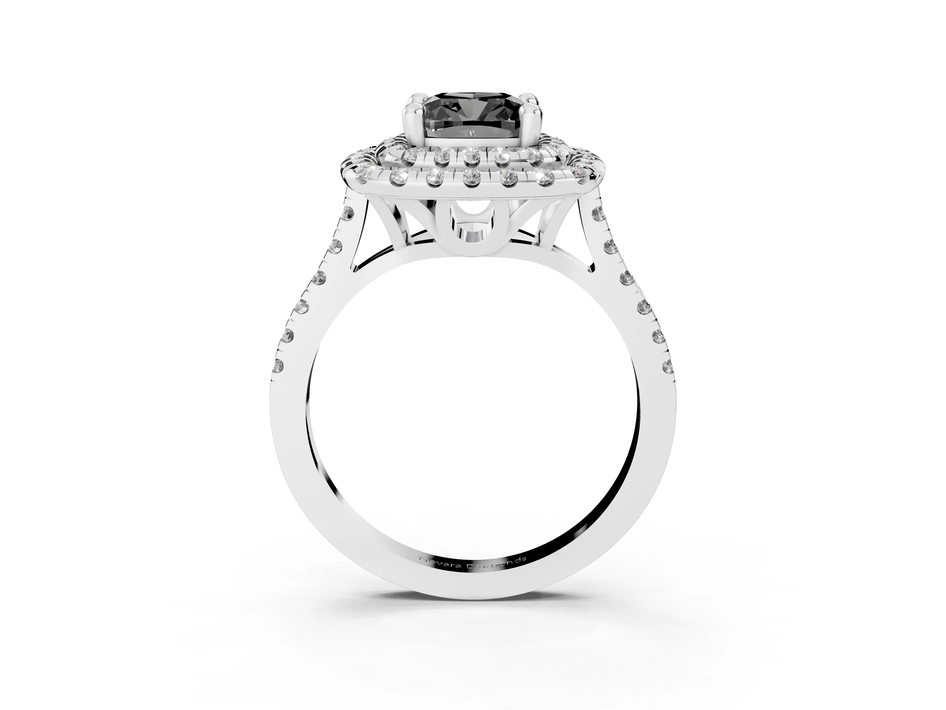 Fancy Black Cushion Cut Diamond Double Halo Statement Ring Set in White gold with Pavé Band