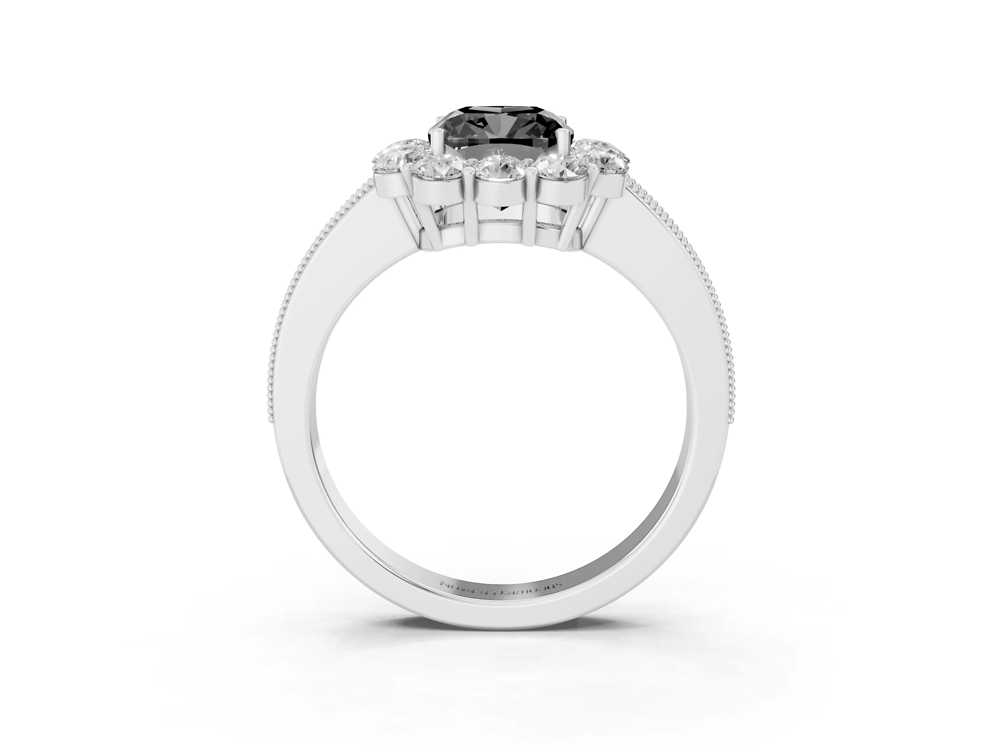Fancy Black Cushion Cut Diamond Halo Pavé Engagement Ring Set in White gold with Milgrain Detailing